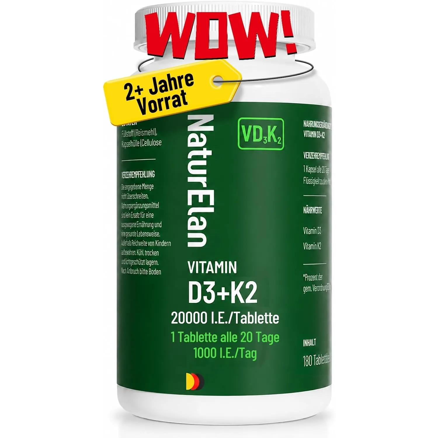 Vitamin d3 k2 hochdosiert 180 Tabletten, mit Vitamin K2 MK7 200 mcg pro Dosis, 1 Tablette alle 20 Tage einnehmen, 2+ Ja…