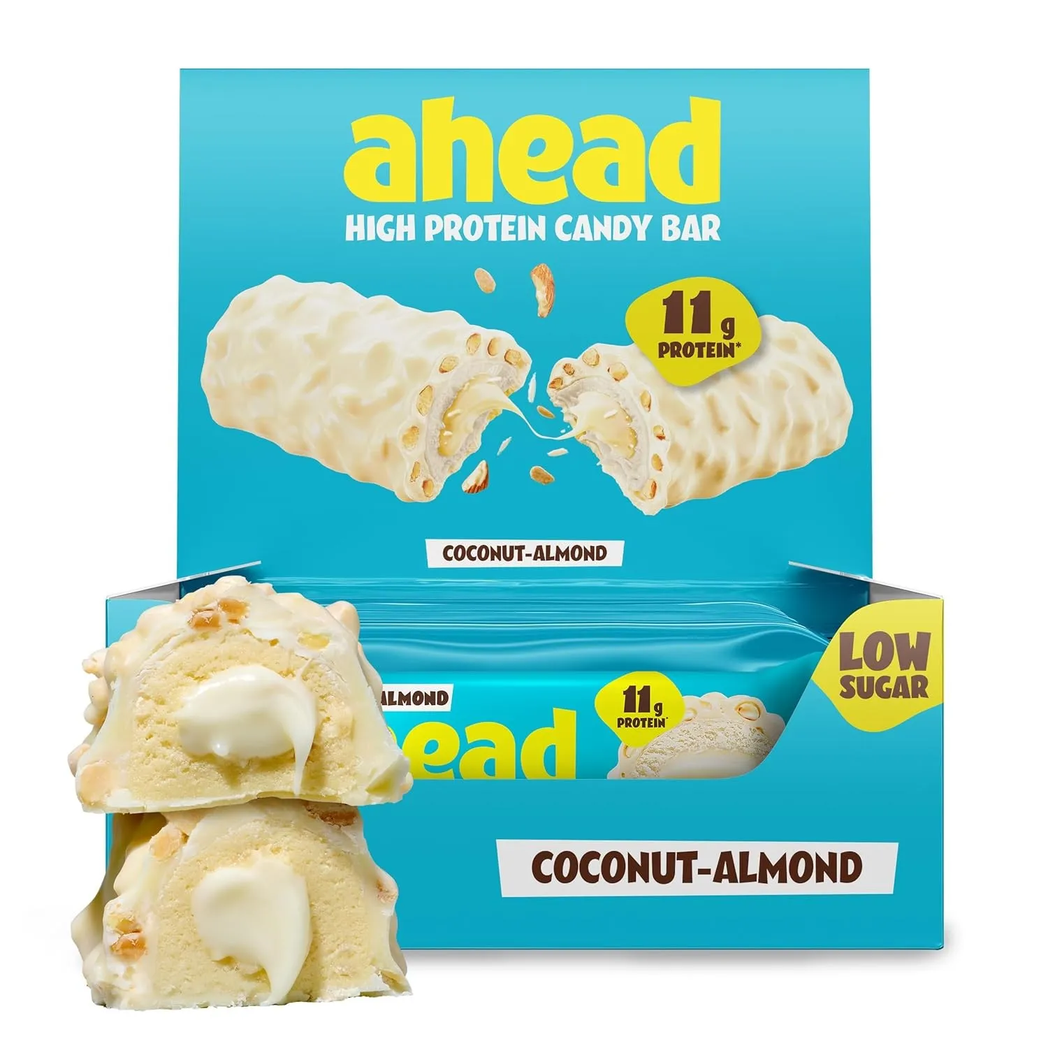 ahead Protein Riegel | Coconut Almond | 14x 45g Extra softer Protein Riegel mit cremigem Kern | Low Carb Eiweißriegel o…