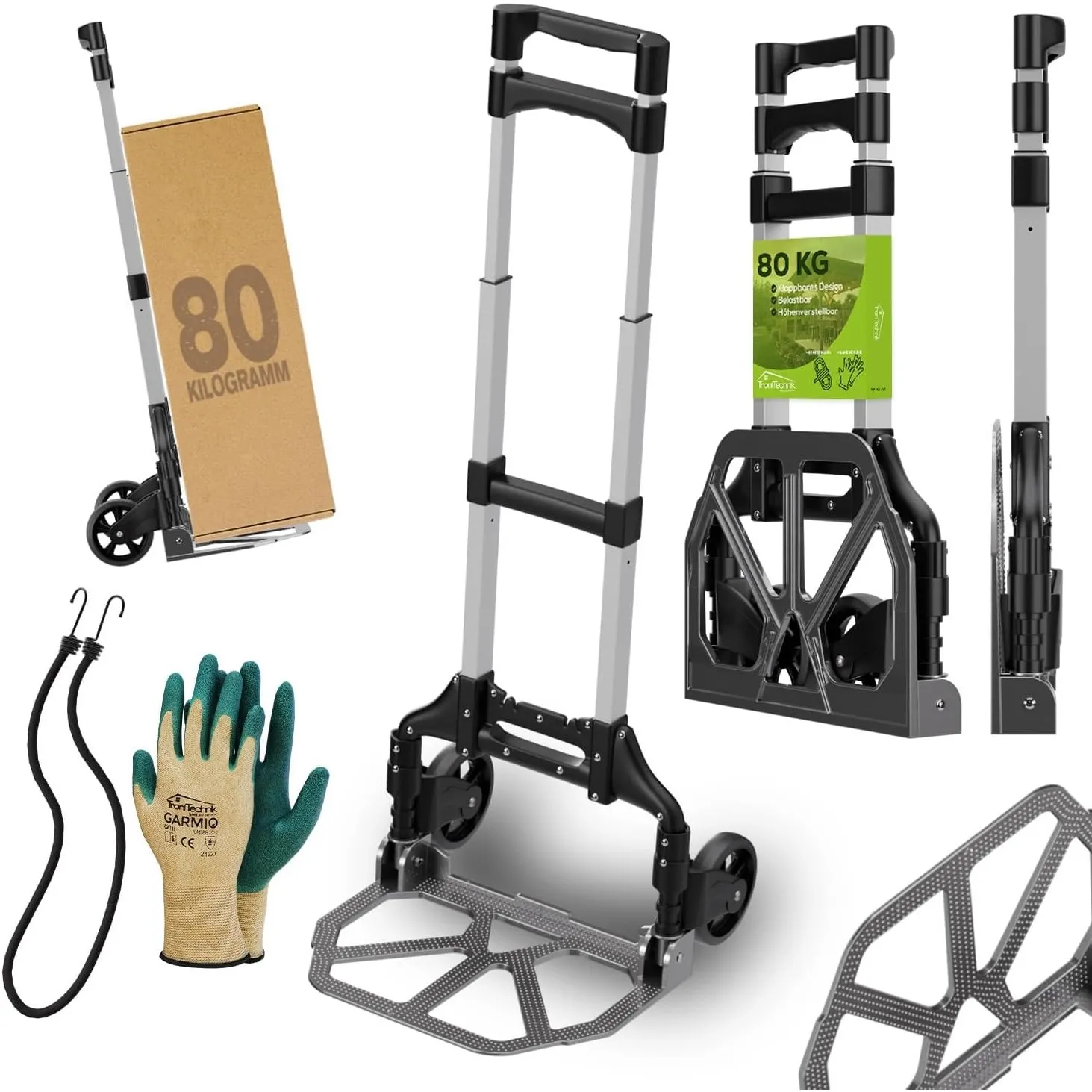 Tronitechnik® Sackkarre SK-03 klappbar, Transportkarre bis 80 kg, höhenverstellbare Handkarre mit Vollgummireifen, Alum…