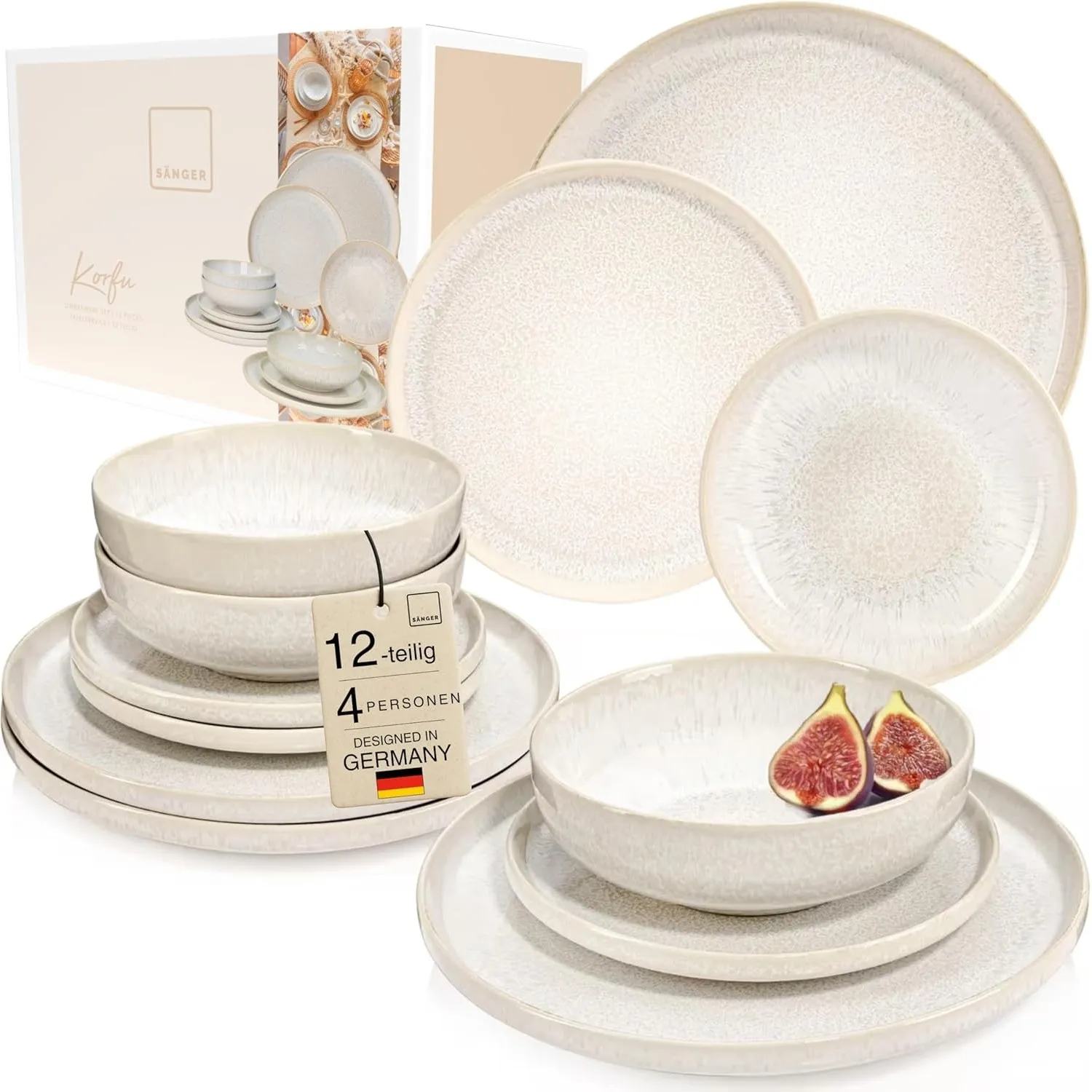 SÄNGER Korfu Geschirrset 4 Personen, Teller Set 12-tlg, Creme, Beige