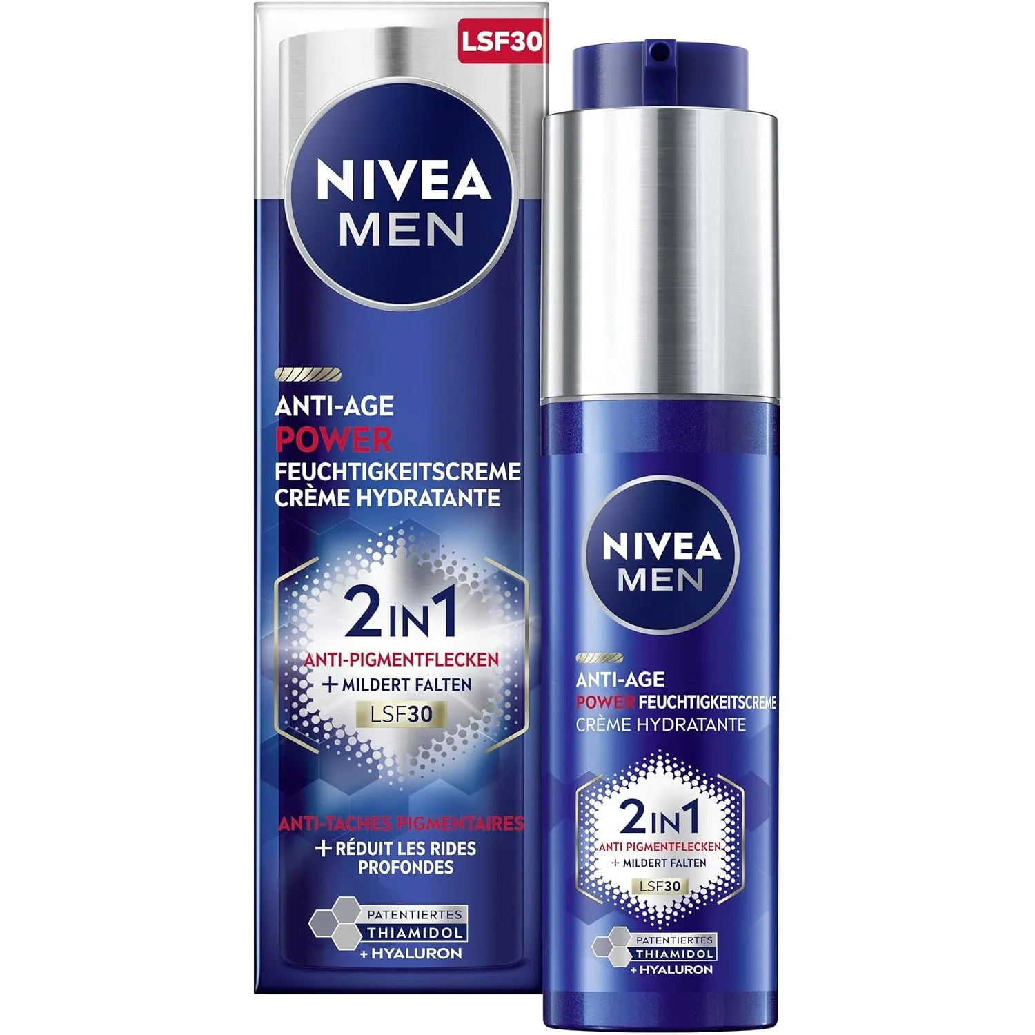 NIVEA MEN Anti-Age 2in1 Power Tagespflege mit LSF 30, Gesichtspflege mit Hyaluron für Männer mit Anti-Aging-Effekt, Hau…