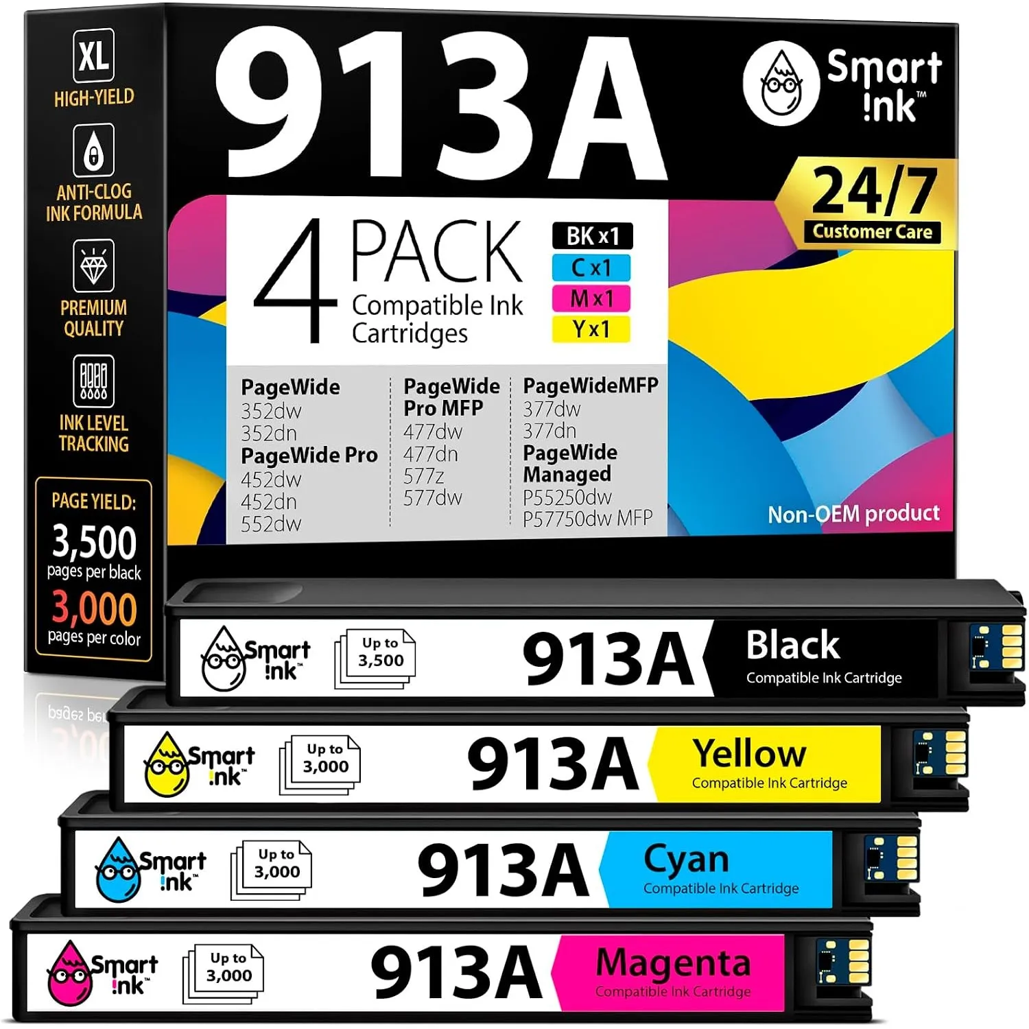 Smart Ink Kompatible Druckerpatronen Kompatibel für HP 913A 913 A 4 Multipack (Schwarz, Blau, Rot, Gelb) Kompatibel mit…