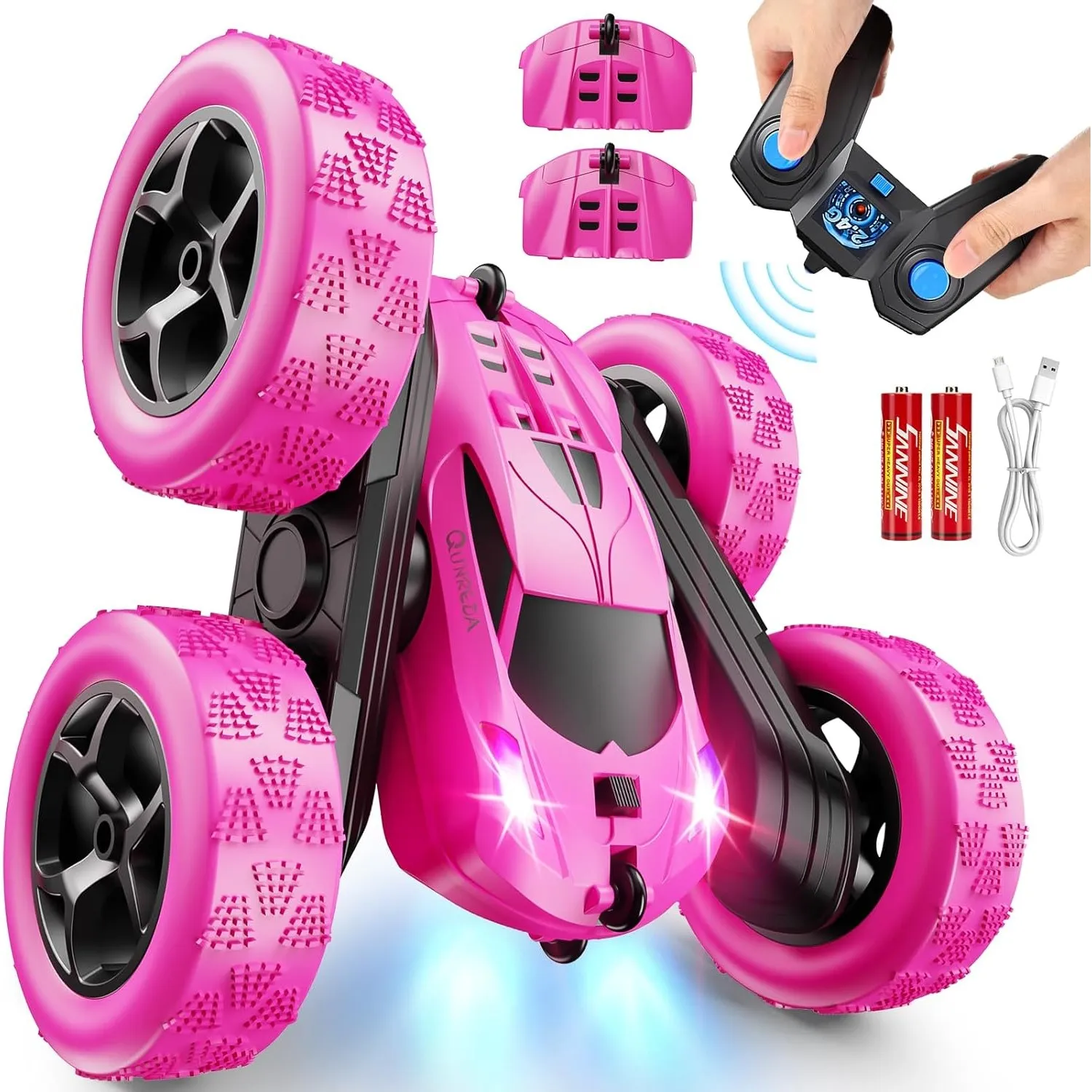 QUNREDA Ferngesteuertes Stunt Auto Rosa 4WD 2.4GHz Mädchen RC Car Doppelseitig 360° Flip Rotation LED Modularer  Akku R…