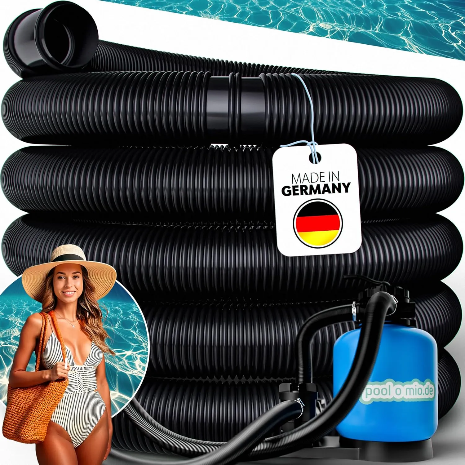 poolomio Pool Hose 38 mm / 6 m Black Flexible Solar Hose for Pool Pump, Pool Heating & Solar Mat Pressure Stable 1 1/2 …