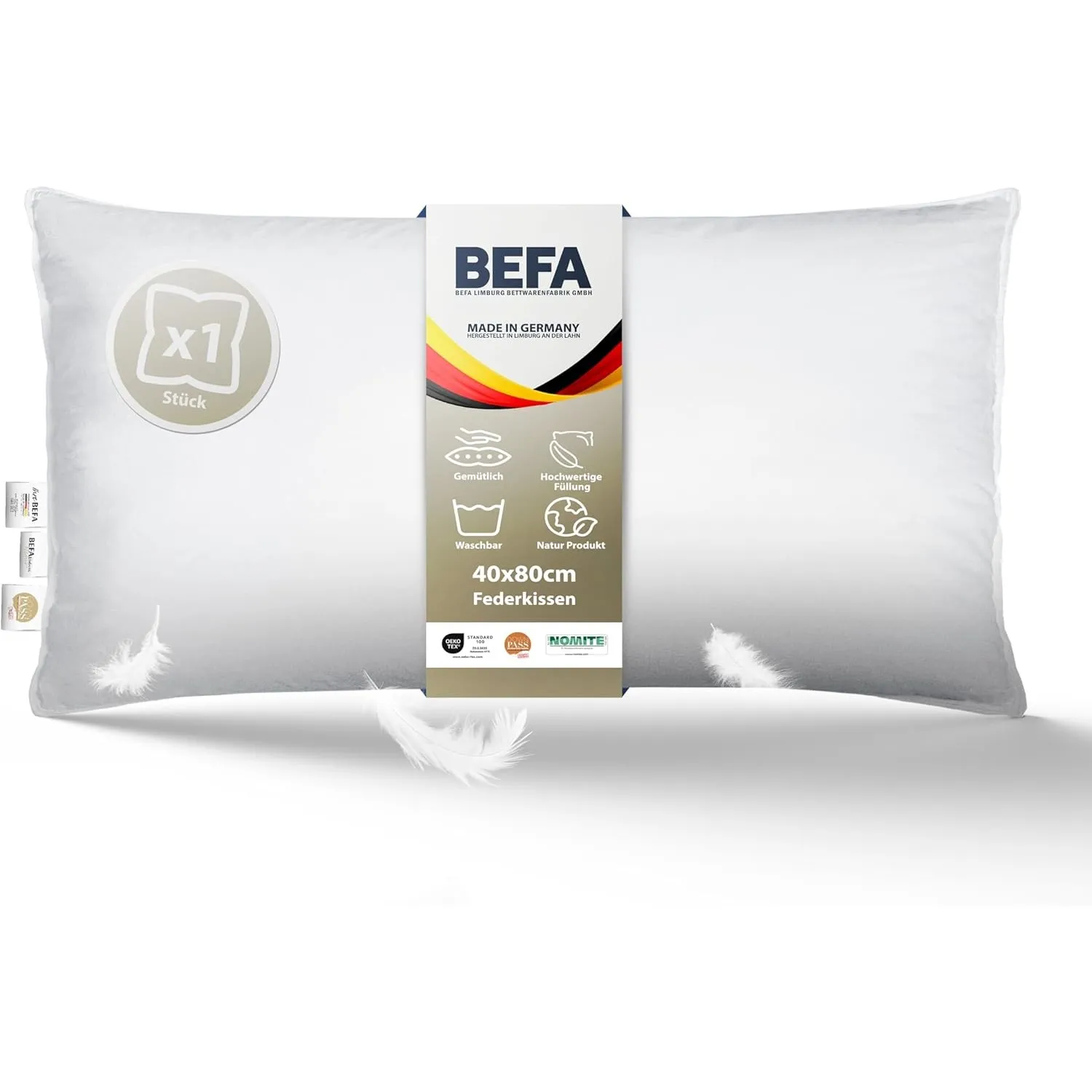 BEFA NATUR Federkissen 40x80 cm extra fest | Kopfkissen 100% Federn |1500g Füllgewicht | Allergiker (NOMITE) | Tierwohl…