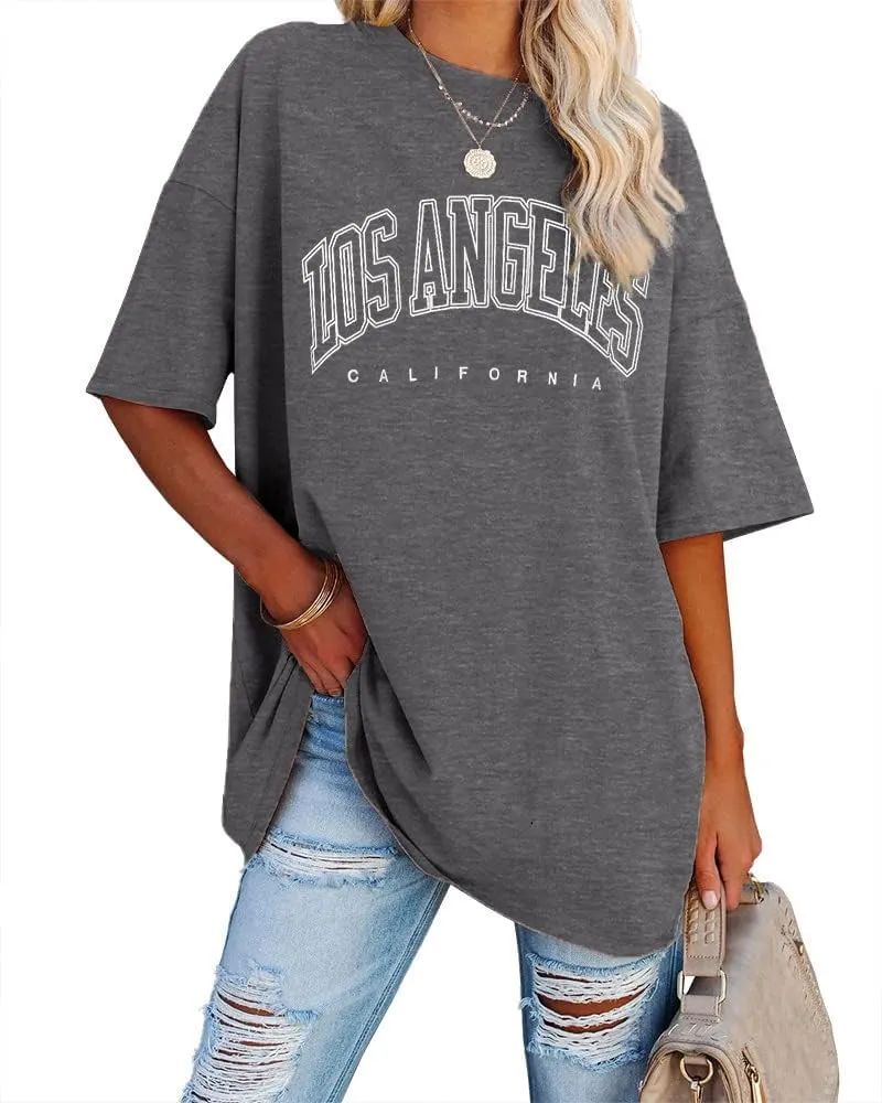 Ebifin Women’s Oversized T-Shirt, Vintage Short-Sleeved Crew Neck Los Angeles Top, Casual, Loose, Basic Summer Tee