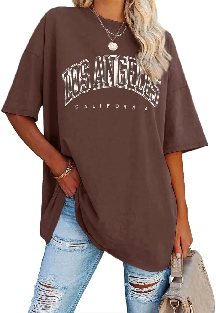 Ebifin Women’s Oversized T-Shirt, Vintage Short-Sleeved Crew Neck Los Angeles Top, Casual, Loose, Basic Summer Tee