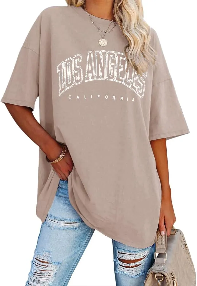 Ebifin Oversize T Shirt Damen Vintage Kurzärmeliges Rundhals Los Angeles Oberteile Tops Casual Lockere Basic Sommer Tee…