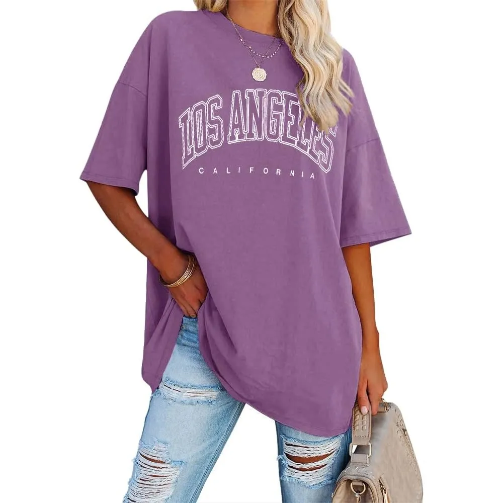 Ebifin Oversize T Shirt Damen Vintage Kurzärmeliges Rundhals Los Angeles Oberteile Tops Casual Lockere Basic Sommer Tee…