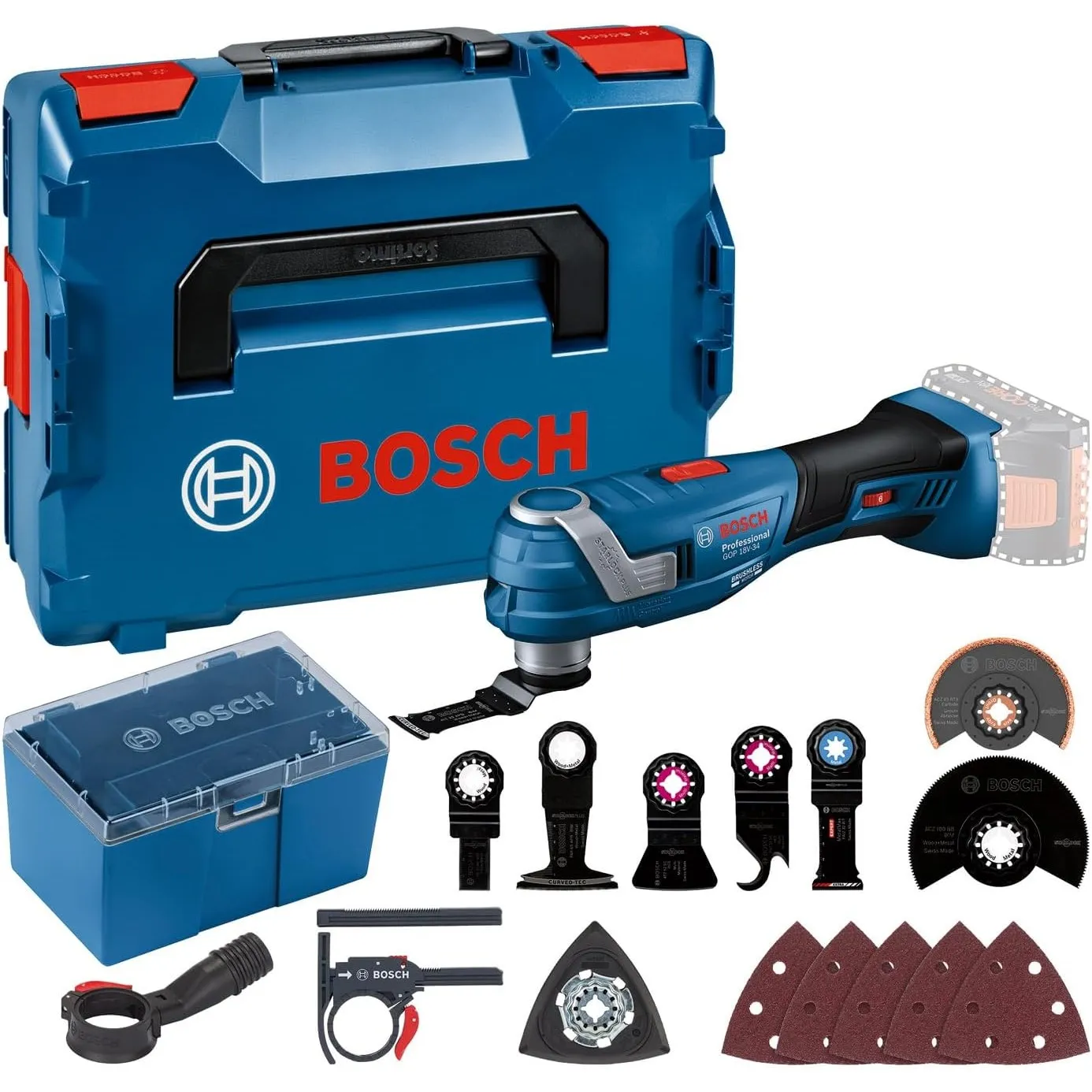Bosch Professional 18V System Akku Multi-Cutter GOP 18V-34 (Vibration Control, inkl. mehrere Sägeblätter, 1x Schleifpla…