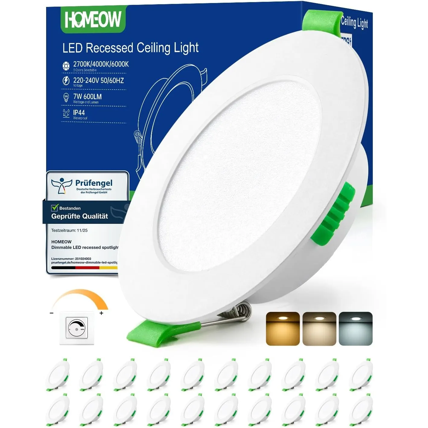 HOMEOW 20er Set LED Einbaustrahler 230V Dimmbar 7W, 75mm – 90mm Lochmaß