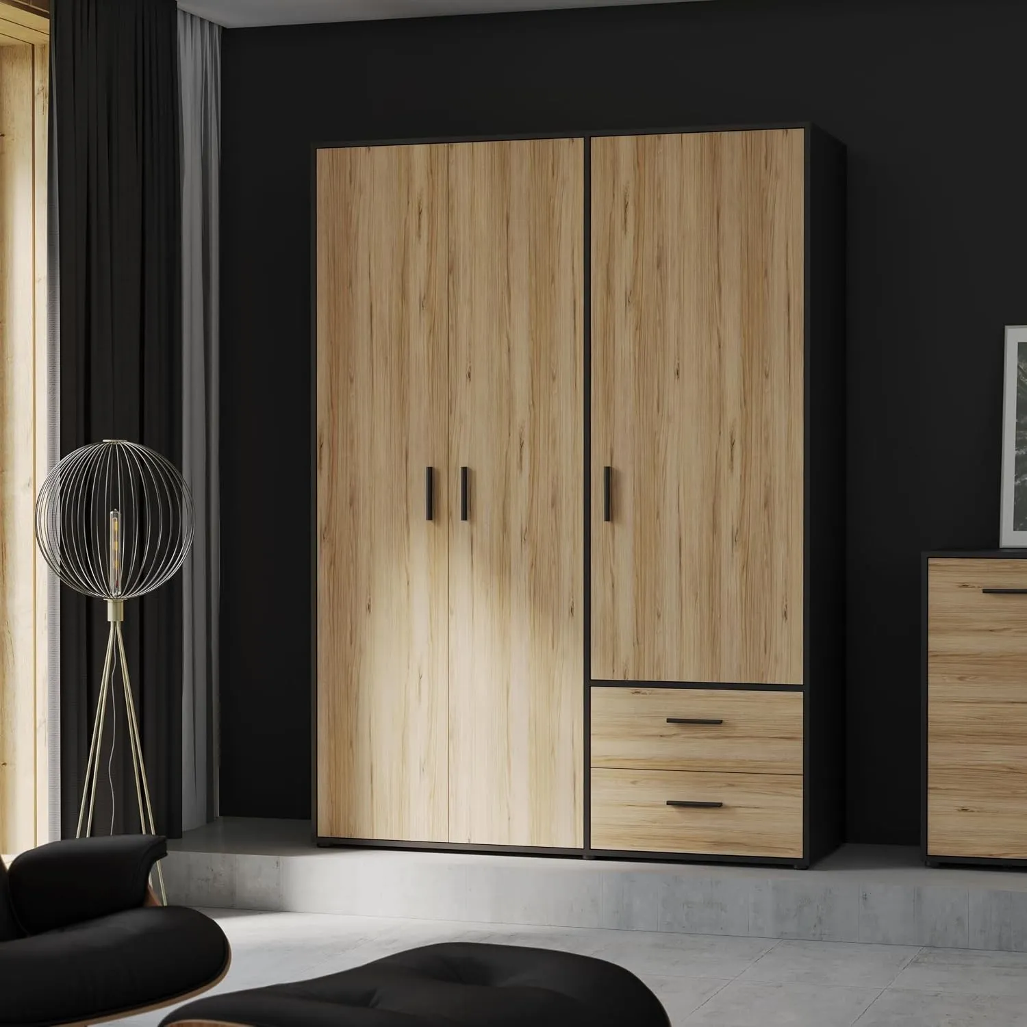 FORTE Jupiter Schrank 140 150, Kleiderschrank, Drehtürenschrank, 3-türig, mit 2 Schubladen und Einlegeböden, Schwarz mi…