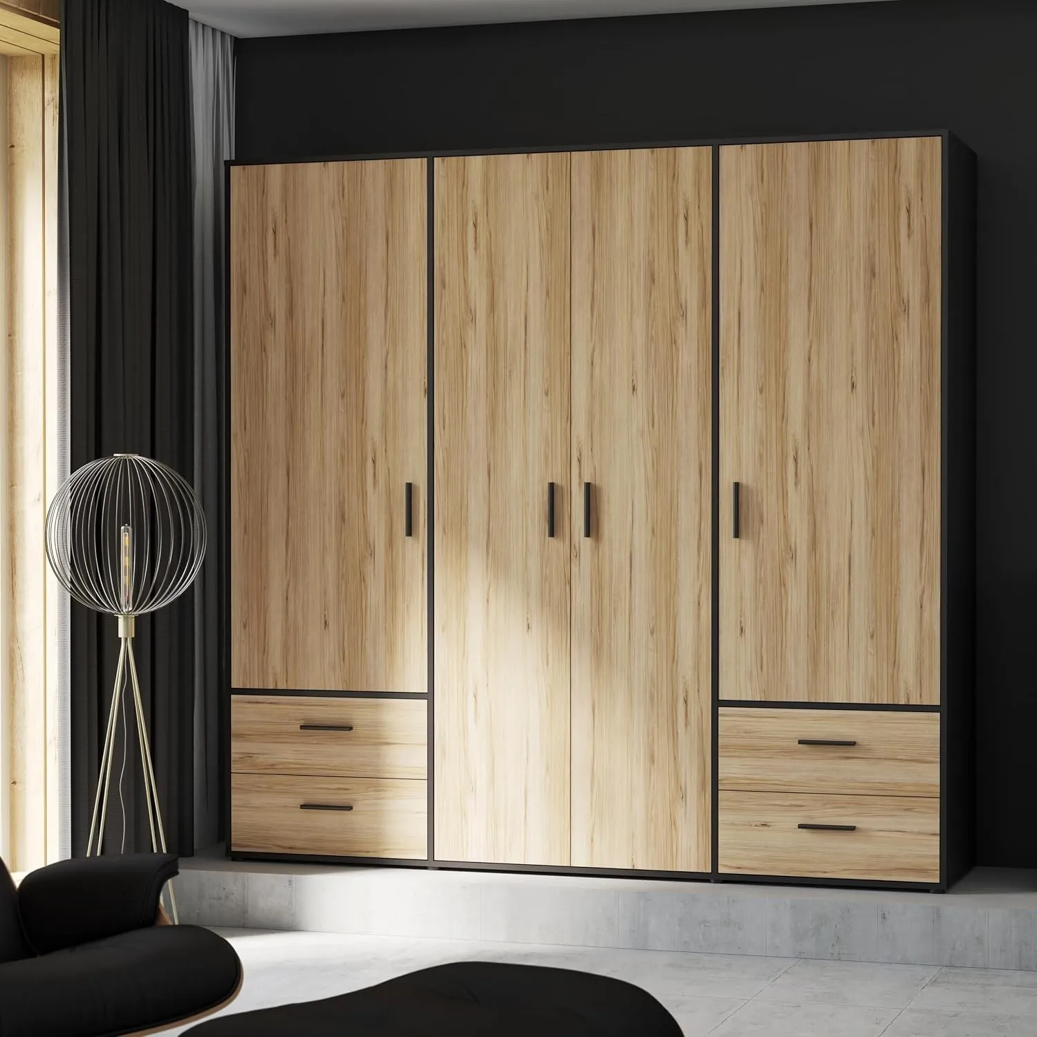 FORTE Jupiter Schrank 200 210, Kleiderschrank, Drehtürenschrank, 4-türig, mit 4 Schubladen und Einlegeböden, Schwarz mi…