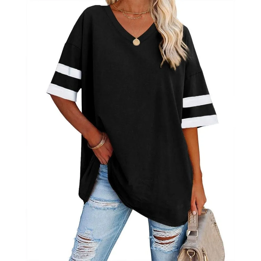 Ebifin Damen Oversize T Shirt mit V-Ausschnitt Kurzärmeliges Casual Lockere Basic Sommer Tee Shirts Bluse.