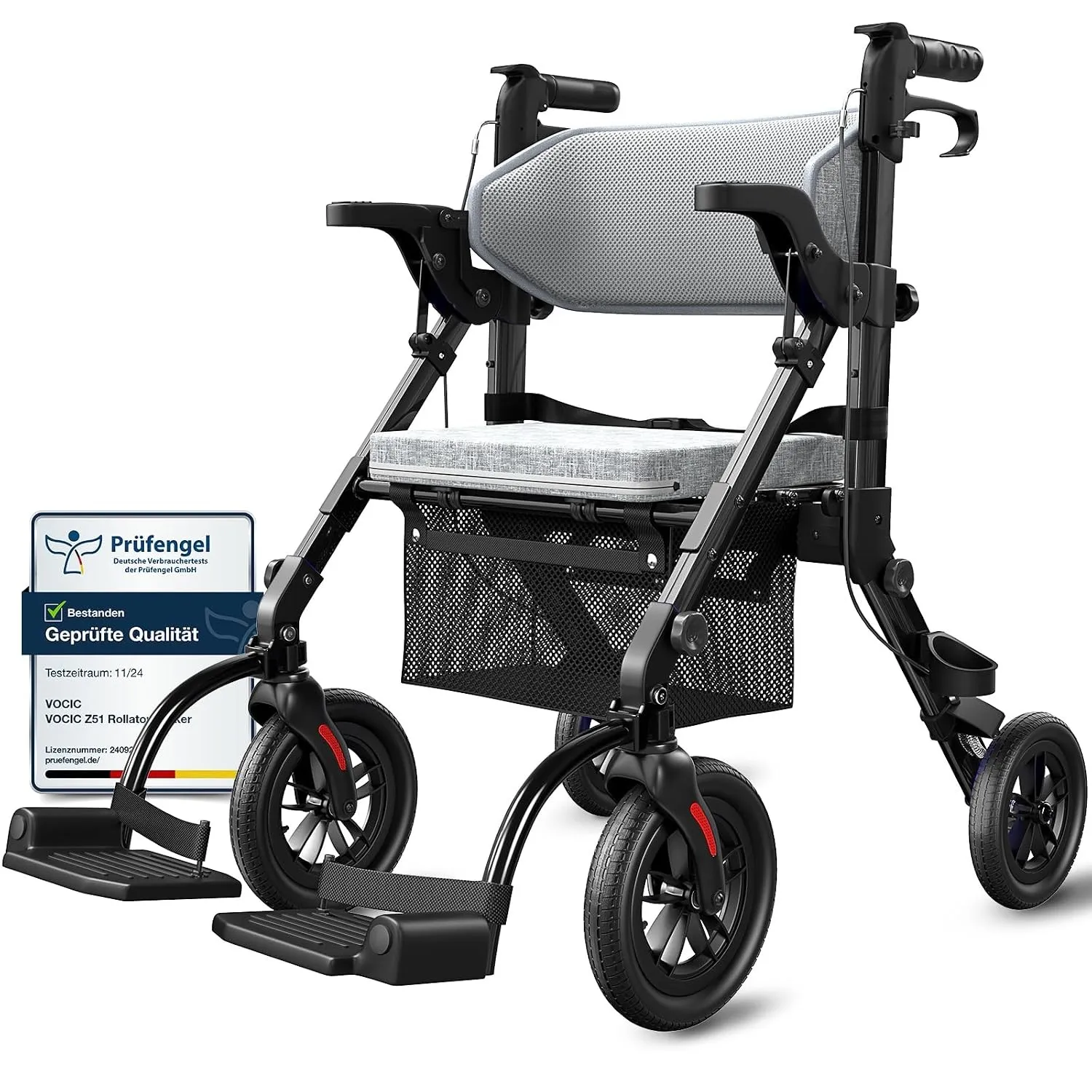 VOCIC 2 in 1 Rollstuhl Rollator Faltbar Leicht mit Sitz,Outdoor Gummireifen