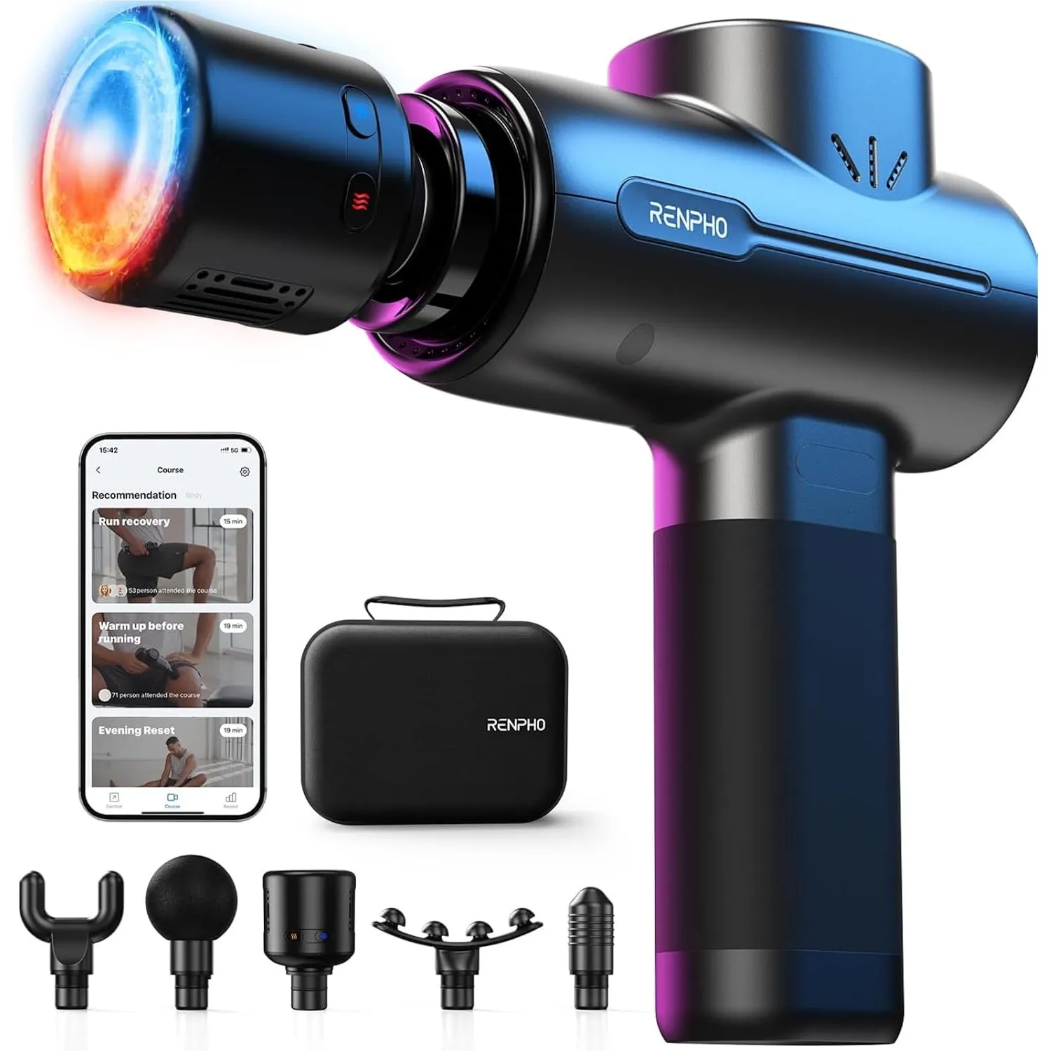 RENPHO Massagepistole mit Wärme und Kälte, Bluetooth und App mit Tutorials | 5 Geschwindigkeiten und Tragetasche, Massa…