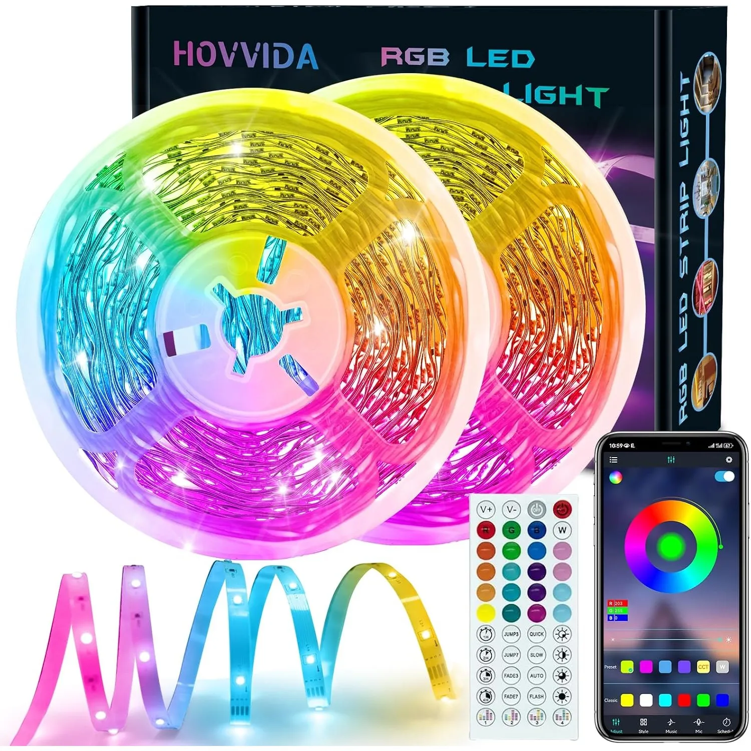 HOVVIDA LED Strip 20m, 30 LEDs/Meter, 2x10m, RGB LED Streifen, 600 LED, APP und Fernbedienung, Musikmodus, Timing-Modus…