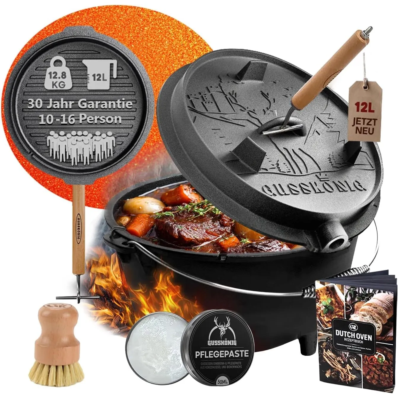 GUSSKÖNIG Dutch Oven Set - Eingebrannter Dutch Oven 12 Liter [10-16 Person]-Feuertopf Gusseisen mit Füßen-Schmortopf Do…