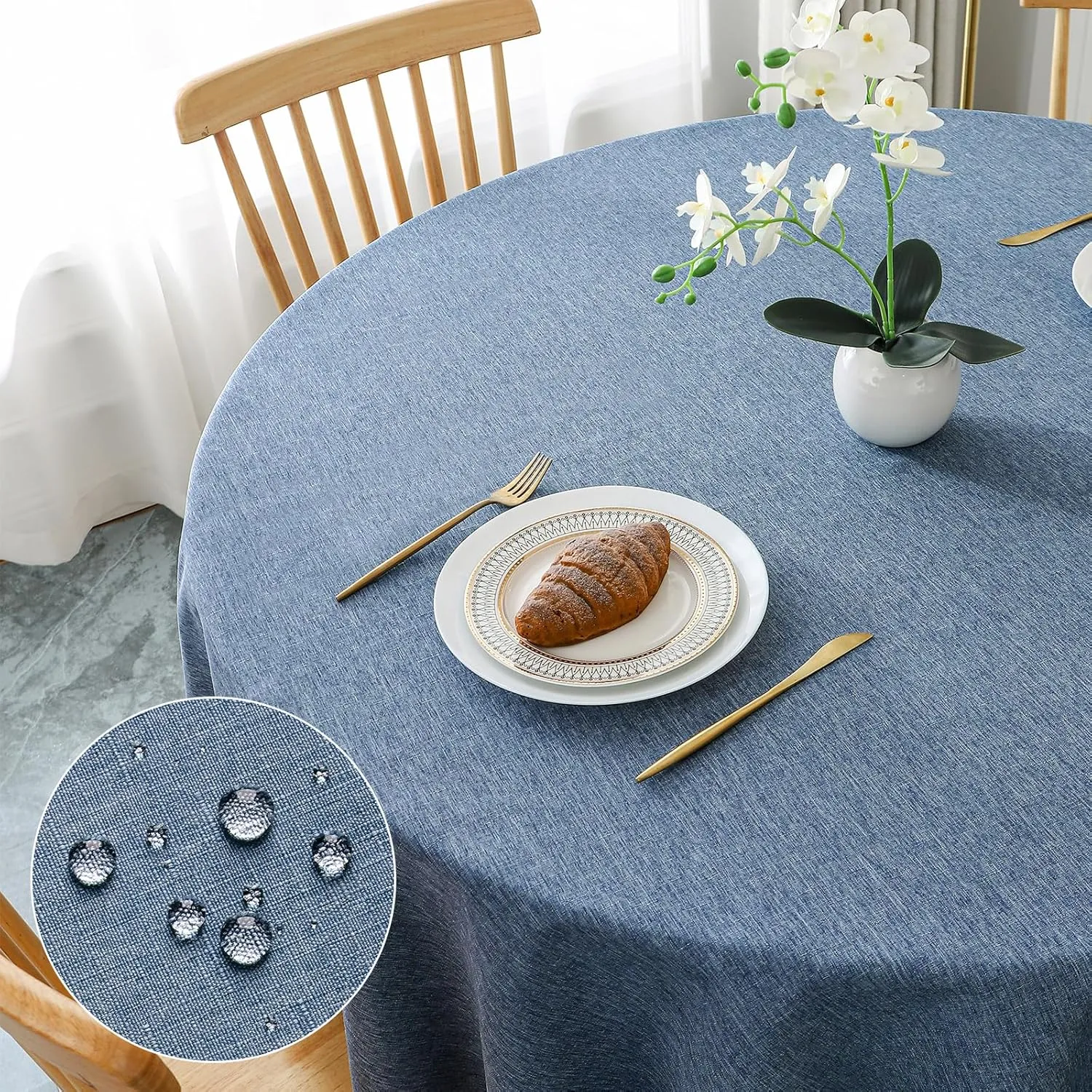 AooHome Round Tablecloth Diameter 160 cm, Blue Linen Look Tablecloths Washable Polyester Tablecloth Water-Repellent wit…