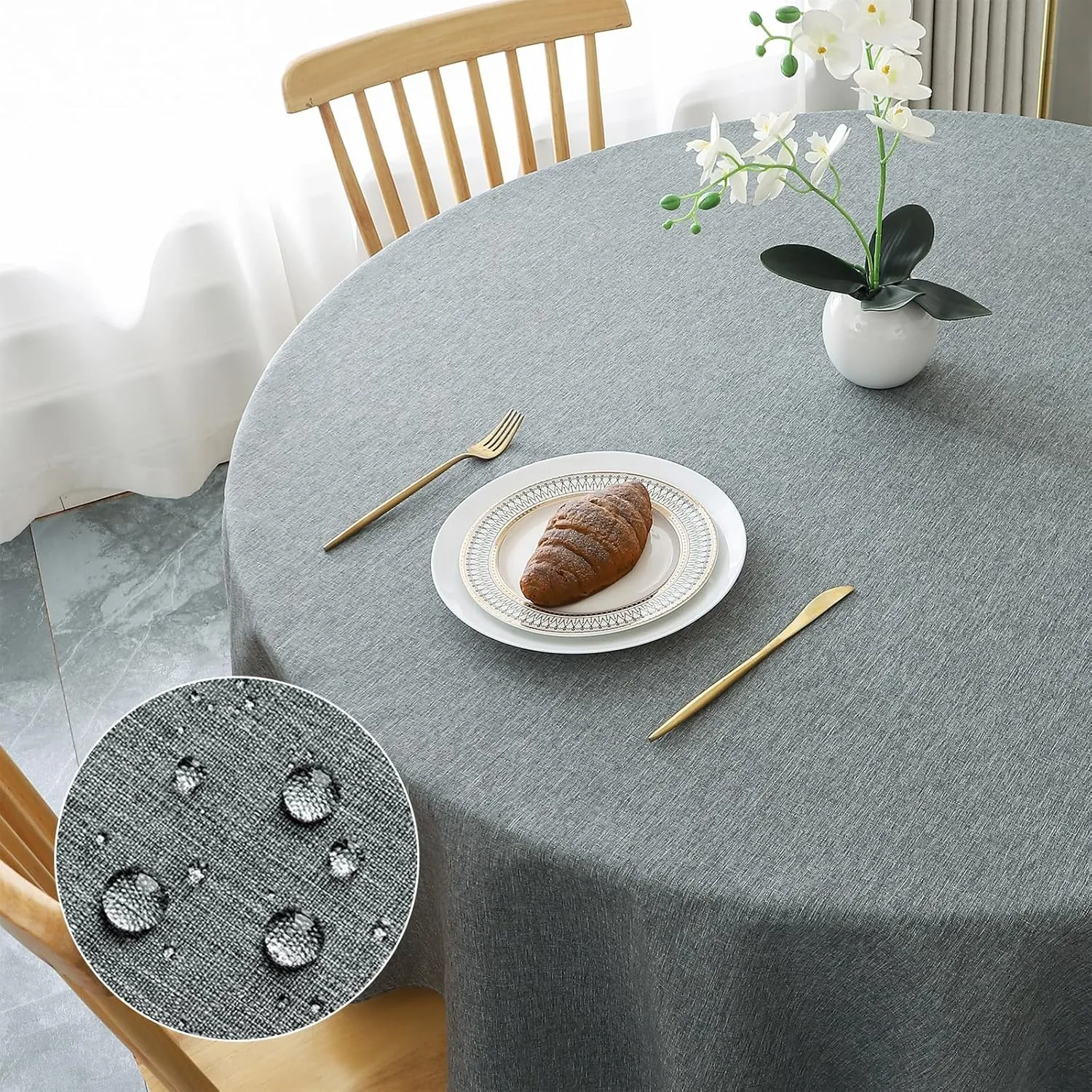 AooHome Tischdecke Rund Φ160cm, Grau Leinen-Optik Tischdecken Abwaschbar Tischtuch aus Polyester Wasserabweisend mit Lo…