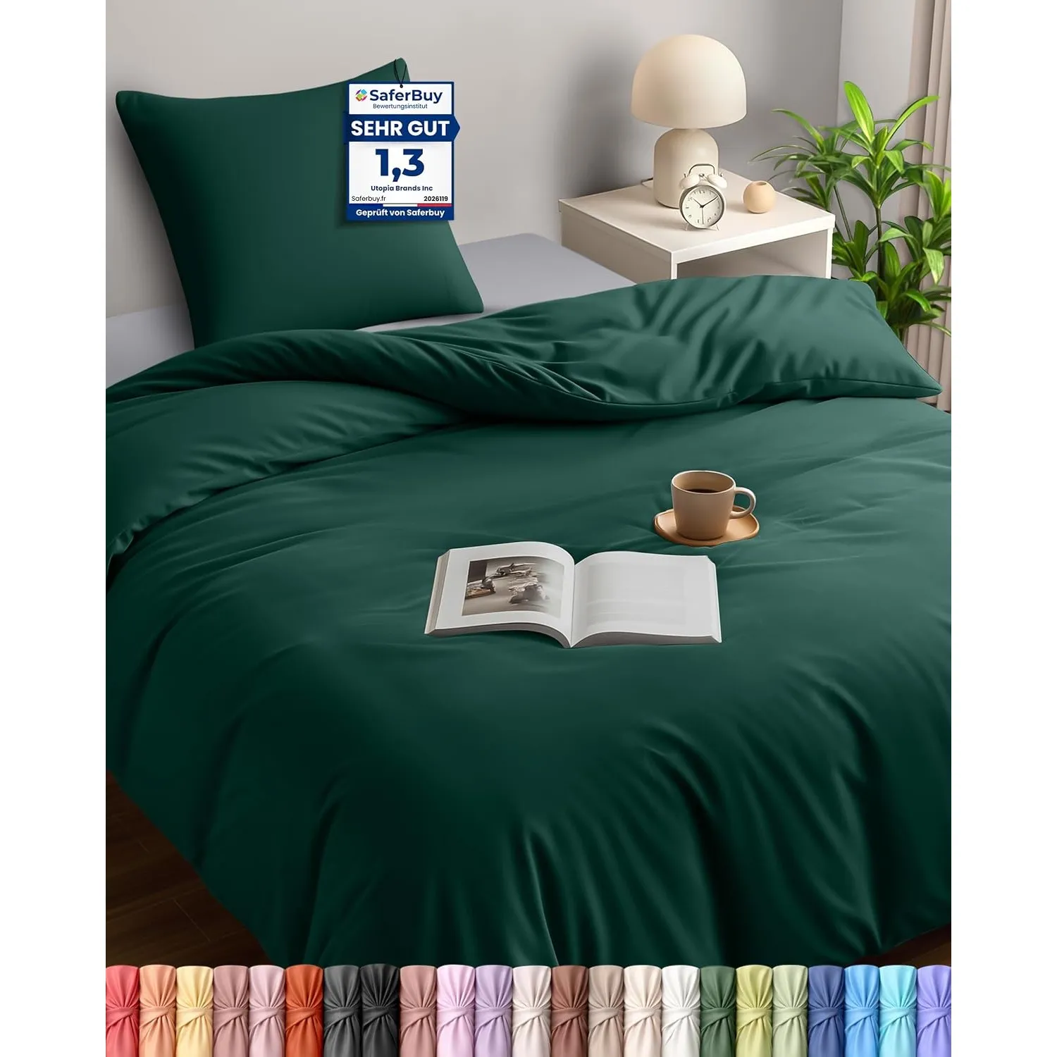 Utopia Bedding Bettwäsche 135x200 cm + 1 Kissenbezug 80x80 cm, Smaragd