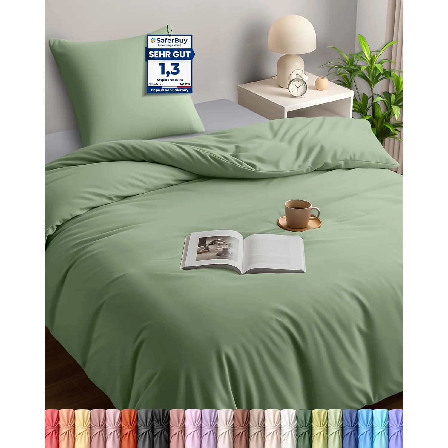 Utopia Bedding Bettwäsche 135x200 cm + 1 Kissenbezug 80x80 cm, Salbeigrün