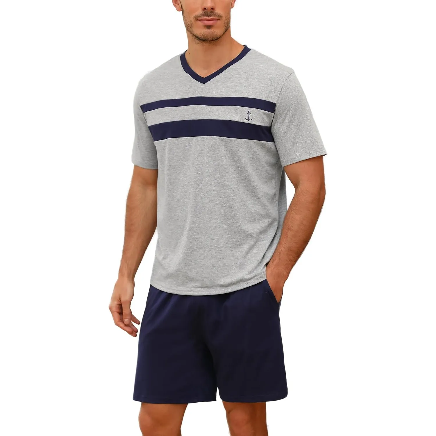 Nieery Schlafanzug Herren kurz Baumwolle Sommer Pyjama Set Kurzarm V-Ausschnitt T-Shirt und Shorty Schlafanzughose