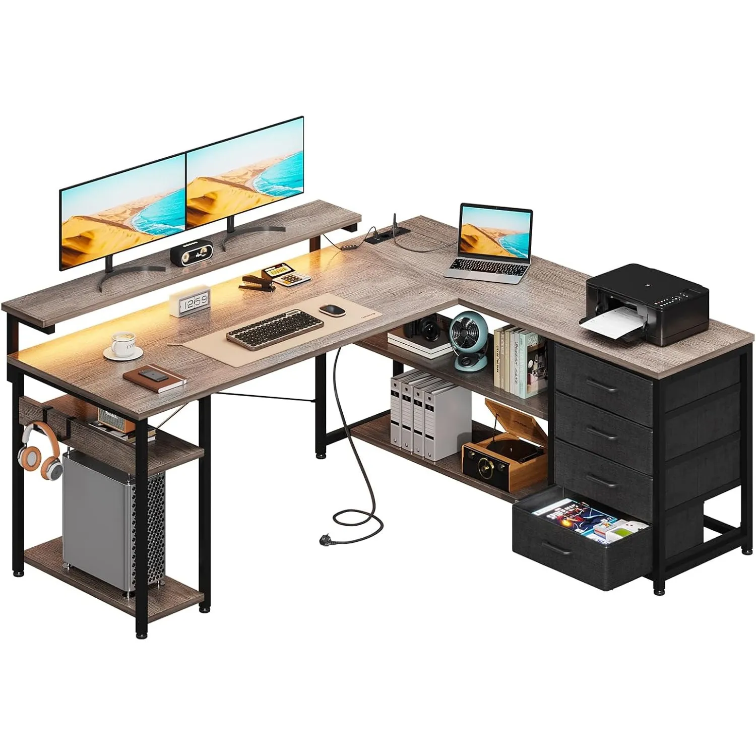 ODK Eckschreibtisch mit 4 Stoff Schubladen & LED, 135×110 cm, Graue Eiche