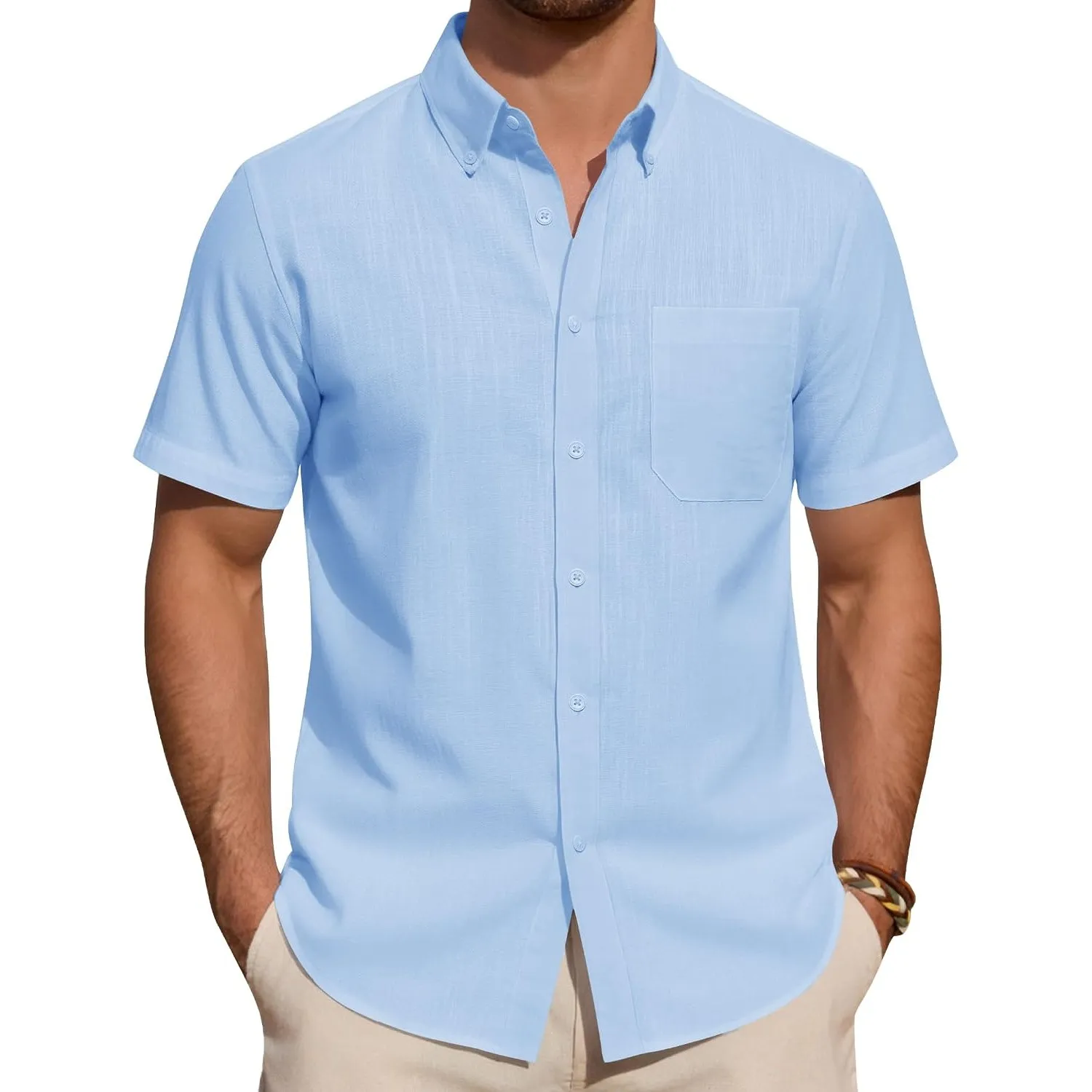 J.VER Leinenhemd Herren Kurzarm Hemd Sommer Freizeithemden Herren Casual Beach Shirts Regular Fit Männer Leinen Hemd Bu…