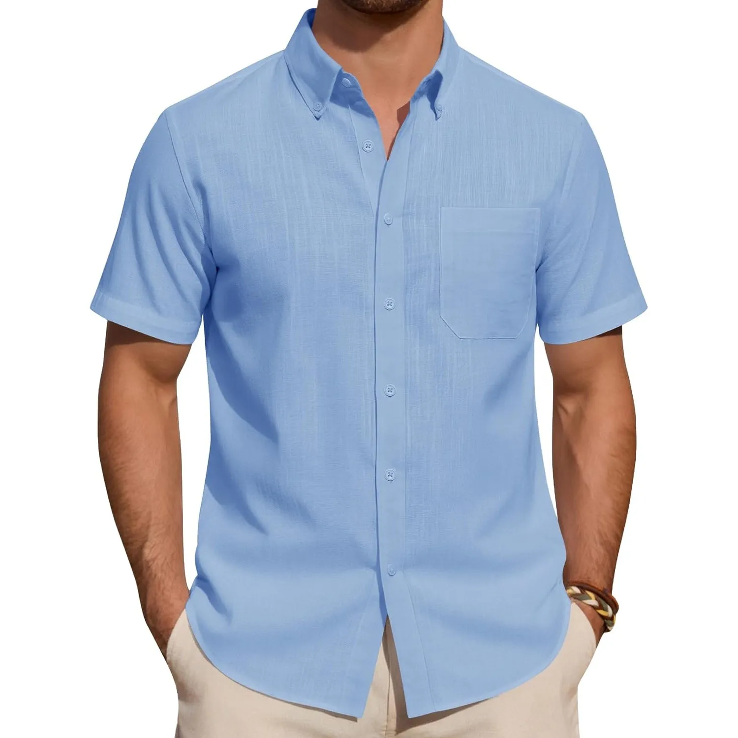 J.VER Leinenhemd Herren Kurzarm Hemd Sommer Freizeithemden Herren Casual Beach Shirts Regular Fit Männer Leinen Hemd Bu…