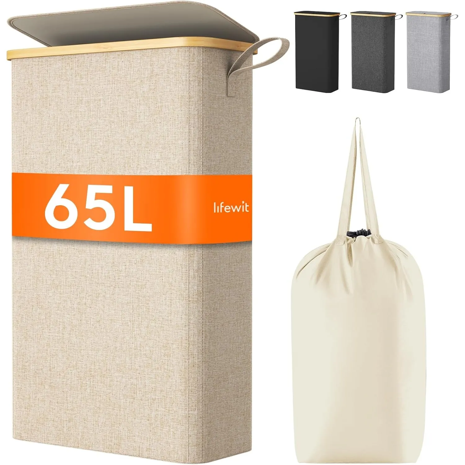 Lifewit 70L Wäschekorb Schmal mit Deckel, Faltbarer Wäschesammler Schmal mit Wäschesack, Laundry Basket Wäscheboxen aus…