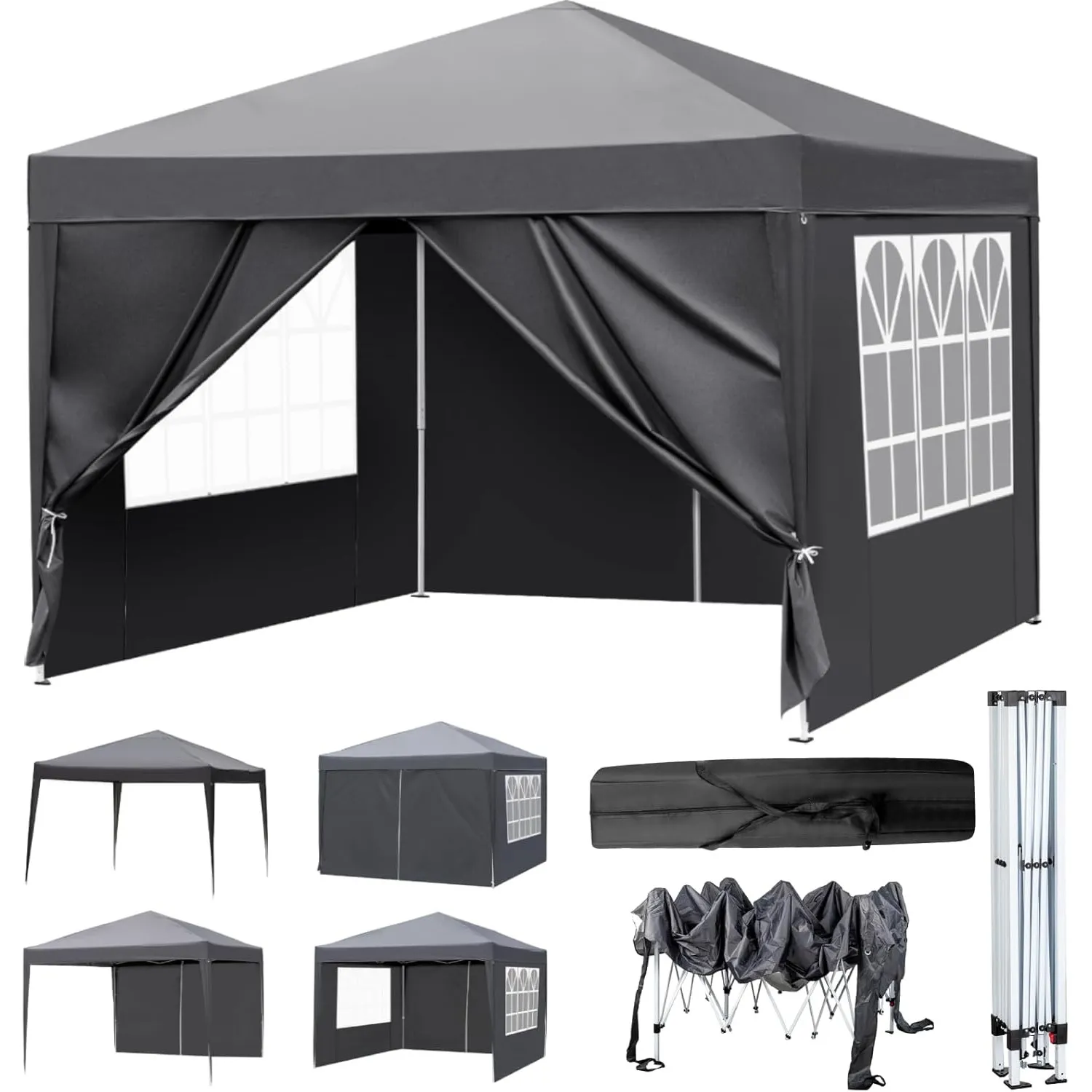 LEADZM Pavillon 3x3m Garten Faltpavillon mit 4 Seitenteilen,Dunkelgrau