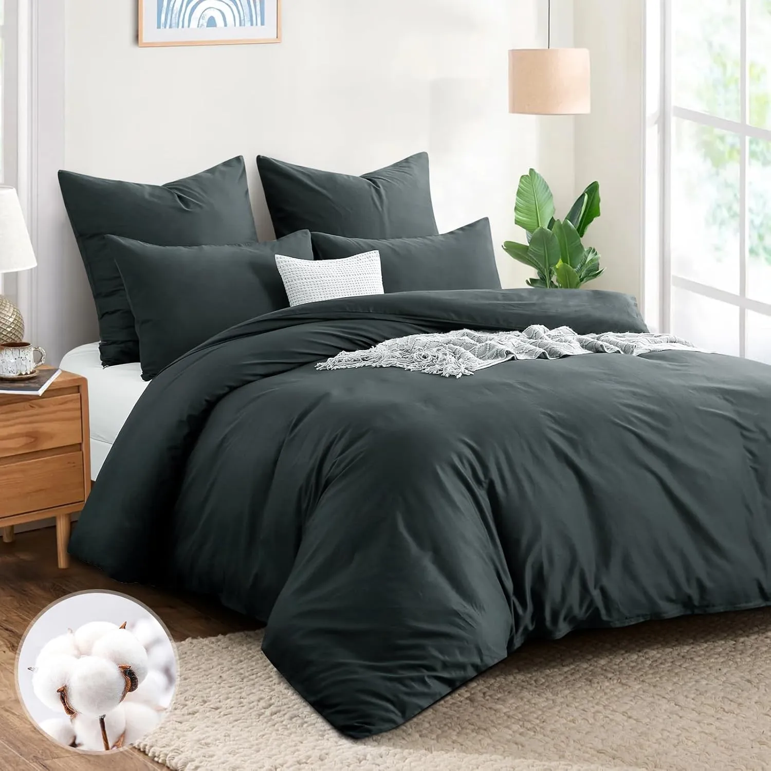 Aisbo 3-Piece Grey Cotton Bed Linen 220 x 240 cm, Bed Linen Sets, Duvet Cover with Pillowcases 80 x 80 cm, Dark Grey So…
