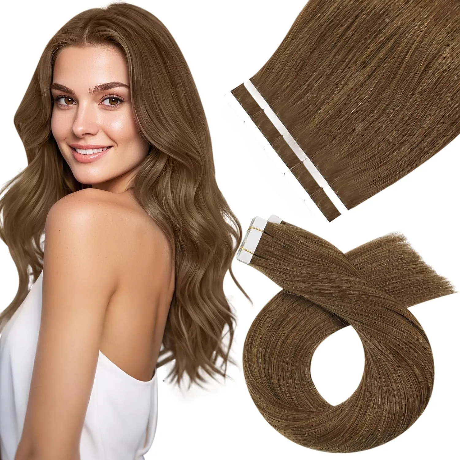 Moresoo Tape-In Extensions Real Hair Light Brown Invisible Hair Tapes Real Hair Straight Long Tape Extensions Real Hair…