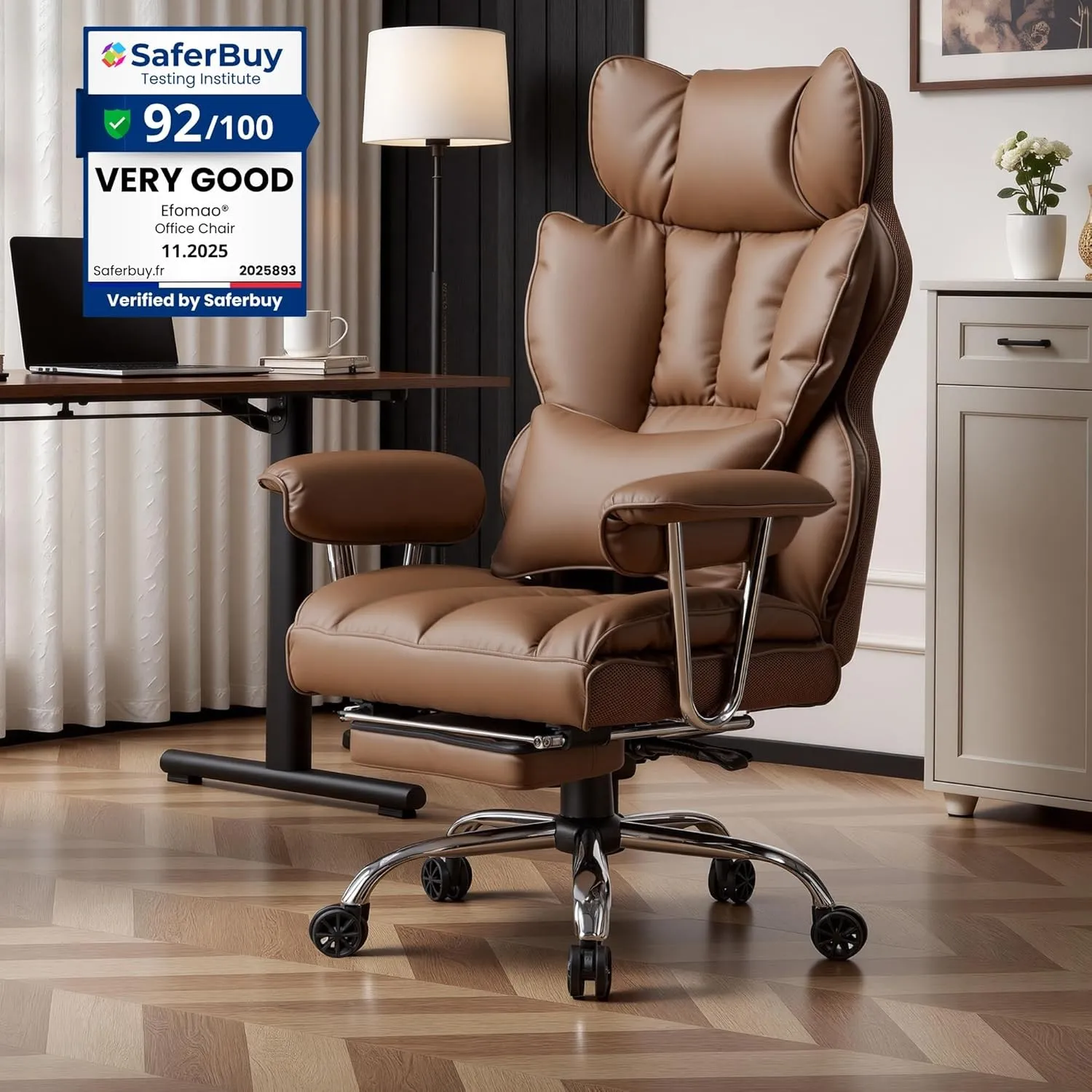 Efomao Bürostuhl, Chefsessel Ergonomischer bis 200kg, PU-Leder Schreibtischstuhl mit Fußstütze und Lendenwirbelstütze, …