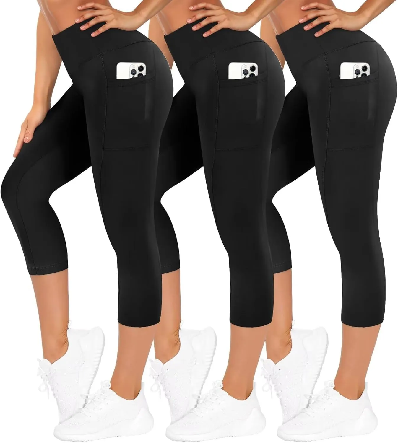 TNNZEET Pack of 3 Women's 3/4 Leggings with Pockets Capri for Sports, High Waist 7/8 Capri Trousers Sports Trousers for…