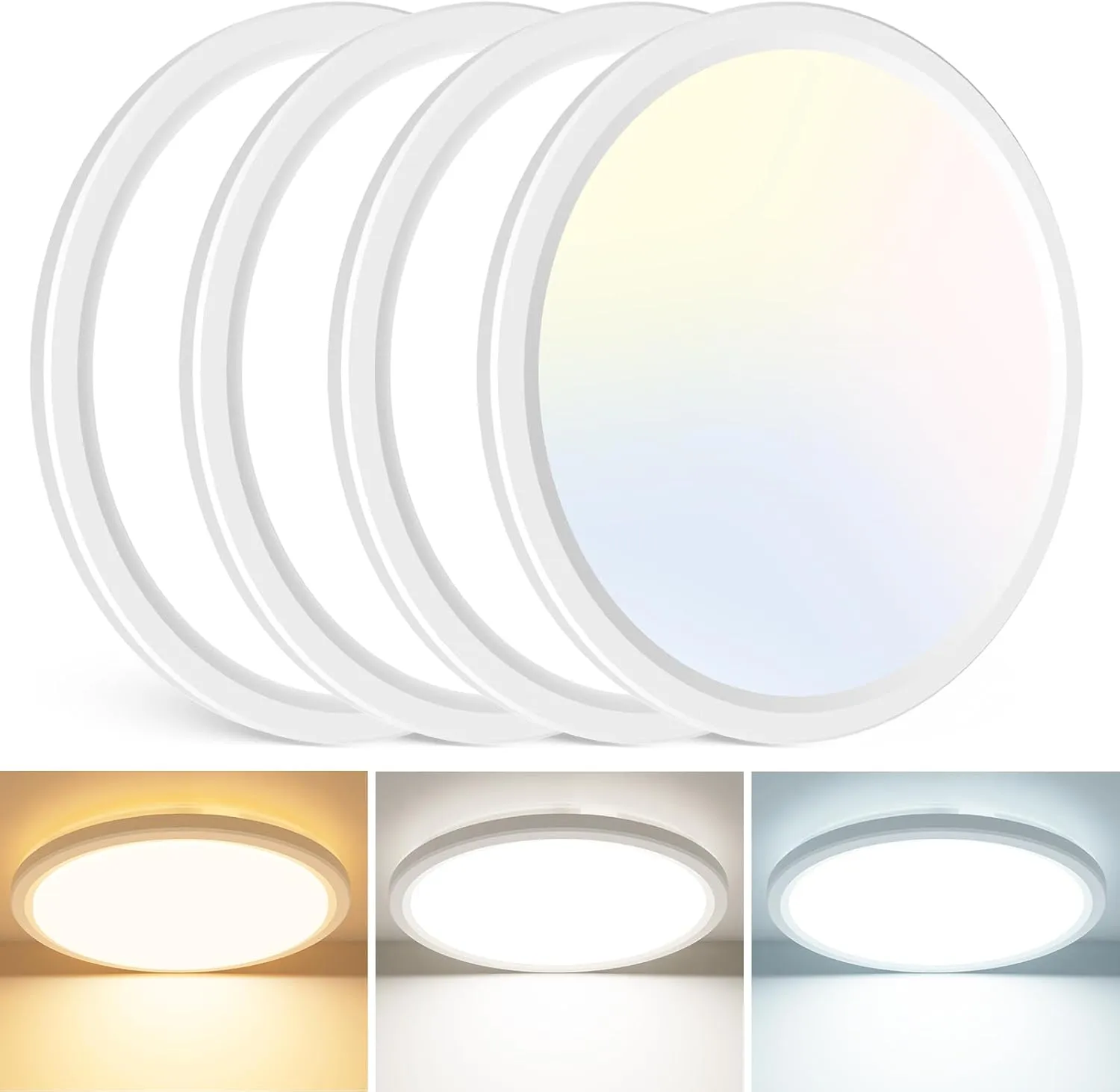slochi LED Deckenlampe 4 Stück, 23CM 3 Farben Deckenleuchte 3000K/4000K/6500K, 18W Flach Rund BadLampe Decke, Wasserfes…