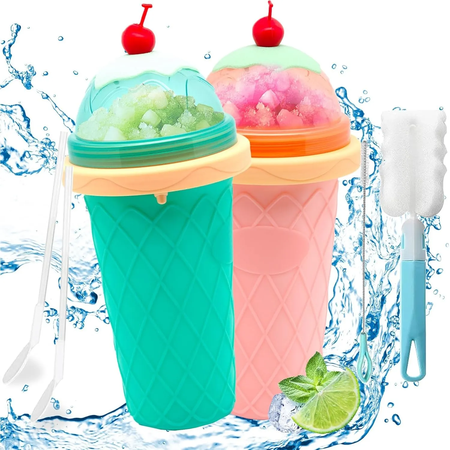 Slush 2-teiliges Set, Silikon Squeeze Cup zum Kneten Smoothie & Pinch Ice DIY Slushy Maker Sommer-Slush mit Strohhalmlö…