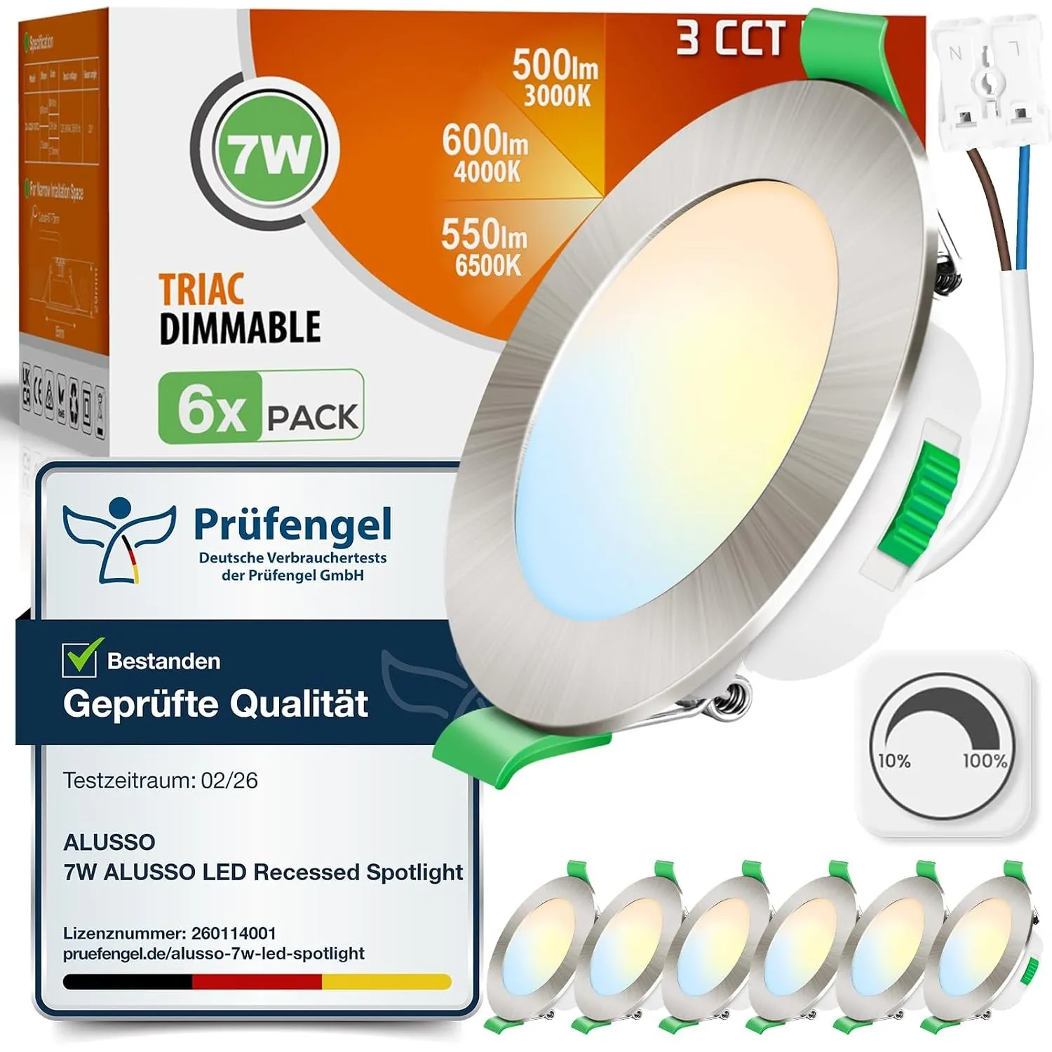 ALUSSO 3CCT LED Einbaustrahler 230V Dimmbar 7W IP44 Lochmaß 67-75MM 6er Set