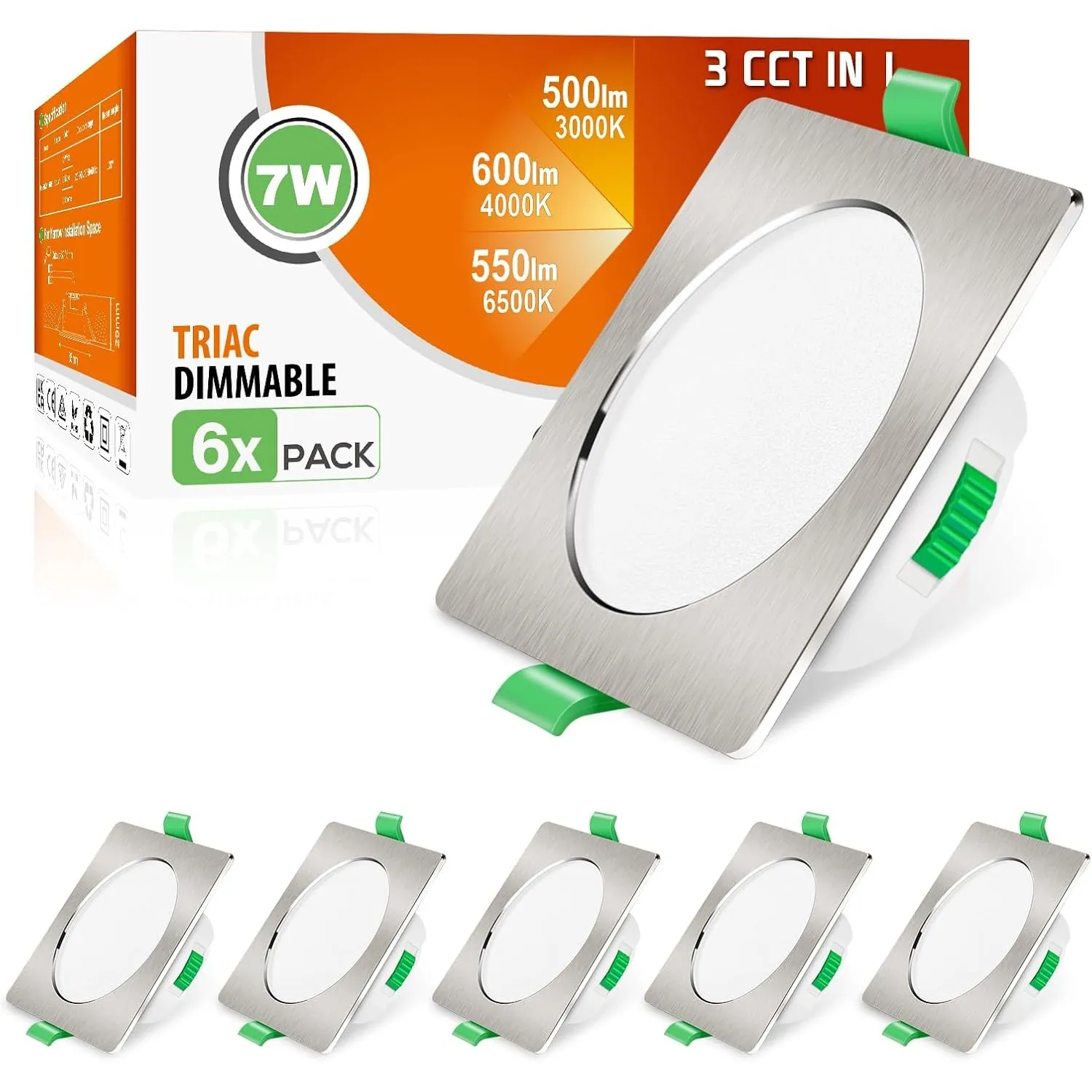ALUSSO 3CCT LED Einbaustrahler 230V Eckig Dimmbar 7W IP44 Spots, 6er Set