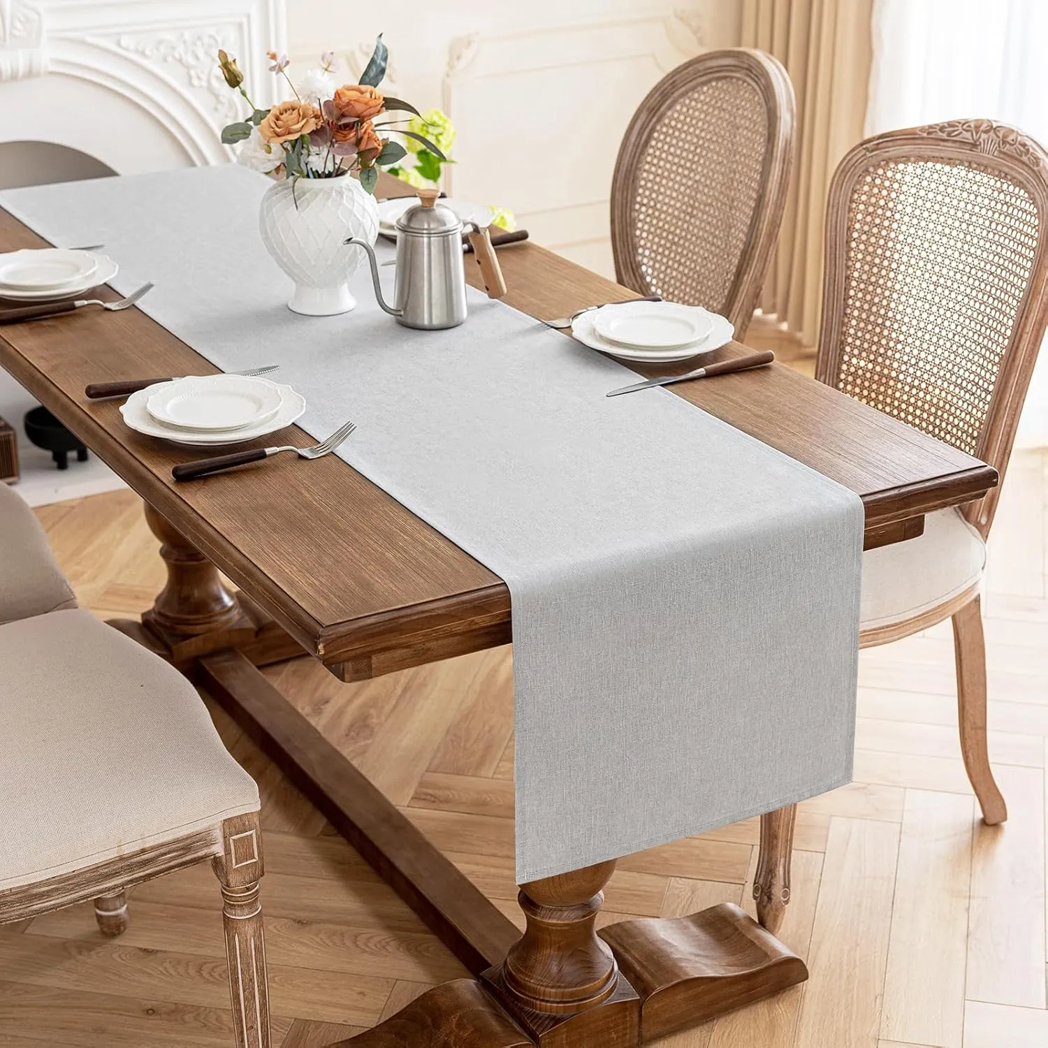 AooHome Tischläufer Hellgrau 40X180cm, Tischdeko Leinen-Optik Abwaschbar Tischband aus Polyester Wasserabweisend mit Lo…