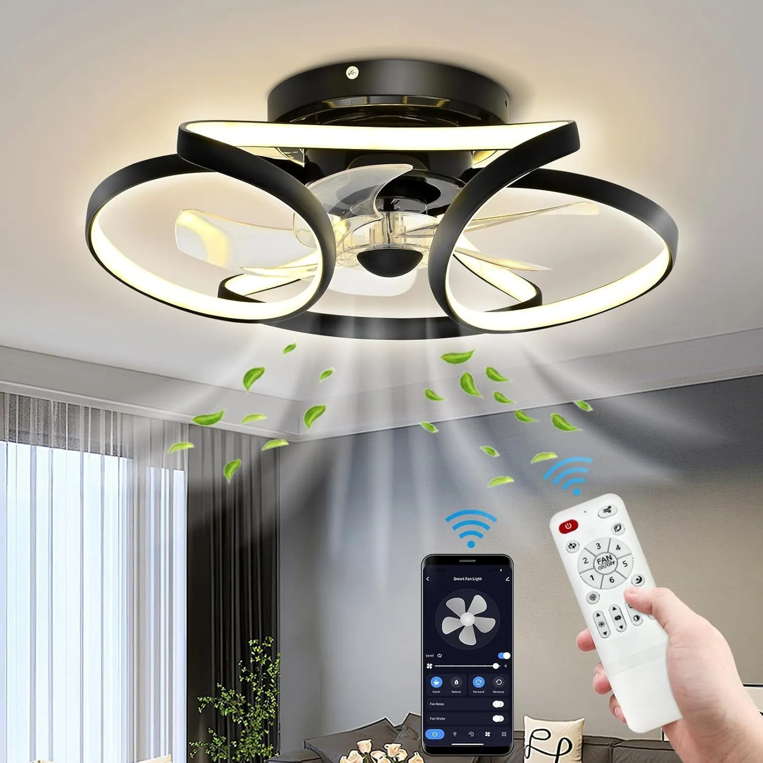 Deckenventilator mit Beleuchtung mit App und Fernbedienung, LED Dimmbar Stumme Deckenlampe Ventilator, 6 Windhastighet,…