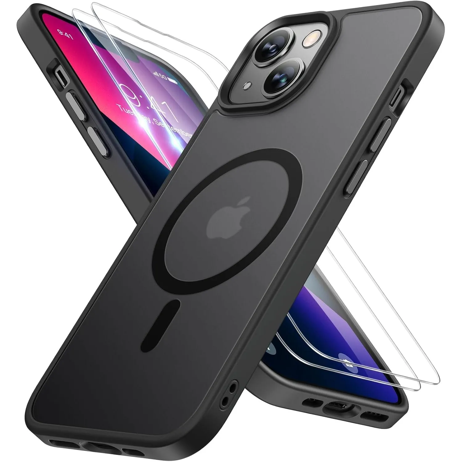 Miracase für iPhone 13 Hülle mit Magsafe & 2 9H+ Panzerglas, Schwarz