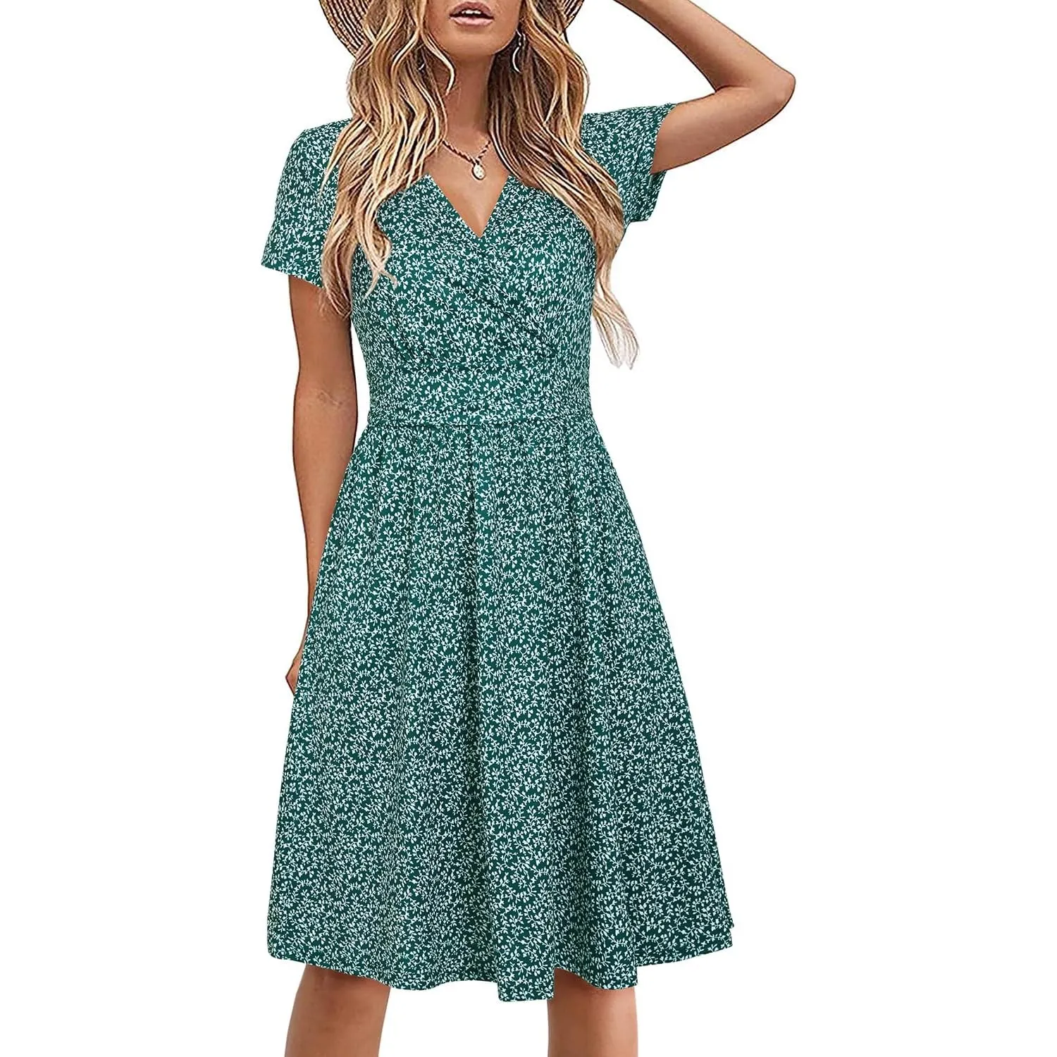 STYLEWORD Damen Sommerkleid Kurzarm V-Ausschnitt Kleider Blumenmuster Kleid Wickelkleid Mit Taschen