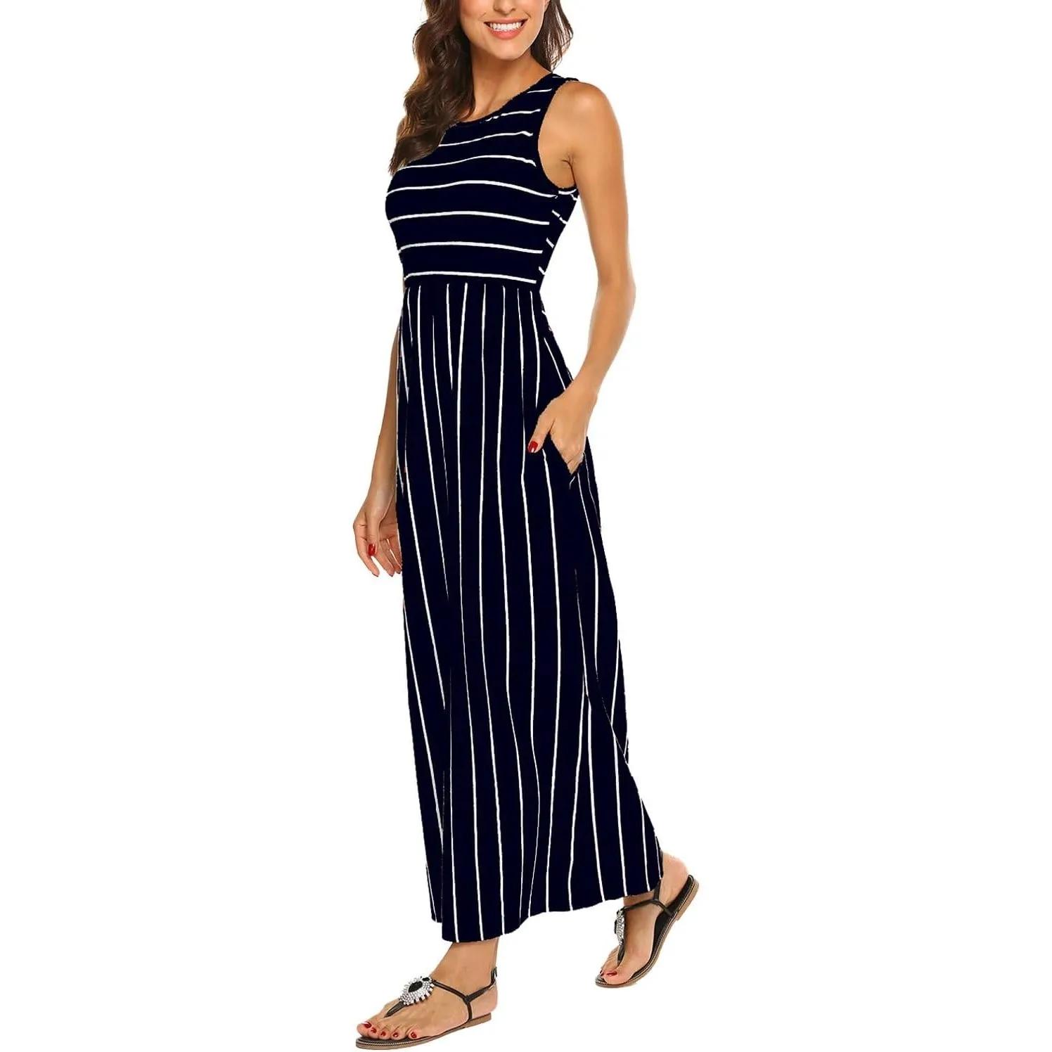 BDTECAOR Maxikleid Damen Sommer Boho Ärmellos Strandkleider Lässige Lange Tank Kleid mit Taschen