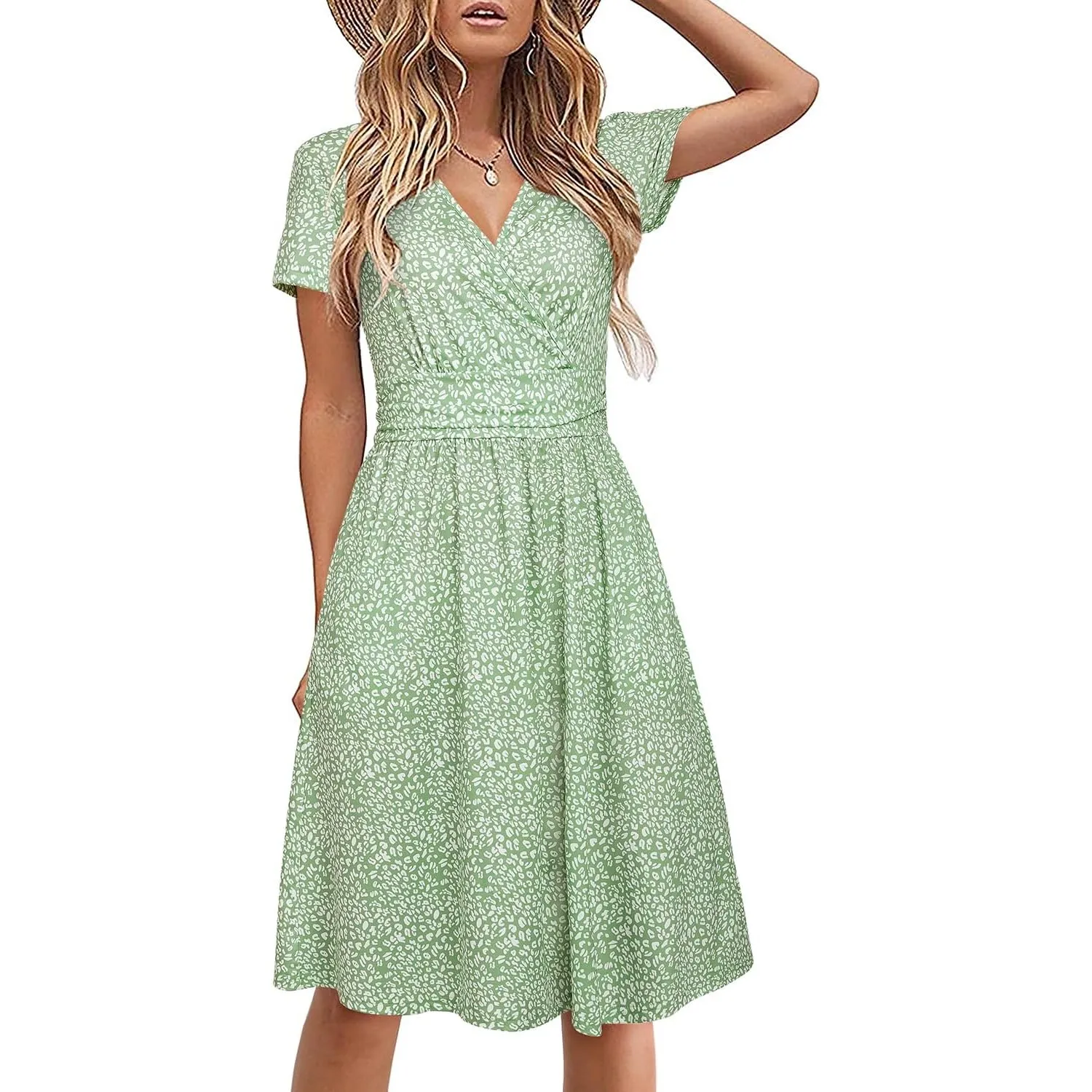 STYLEWORD Damen Sommerkleid Kurzarm V-Ausschnitt Kleider Blumenmuster Kleid Wickelkleid Mit Taschen