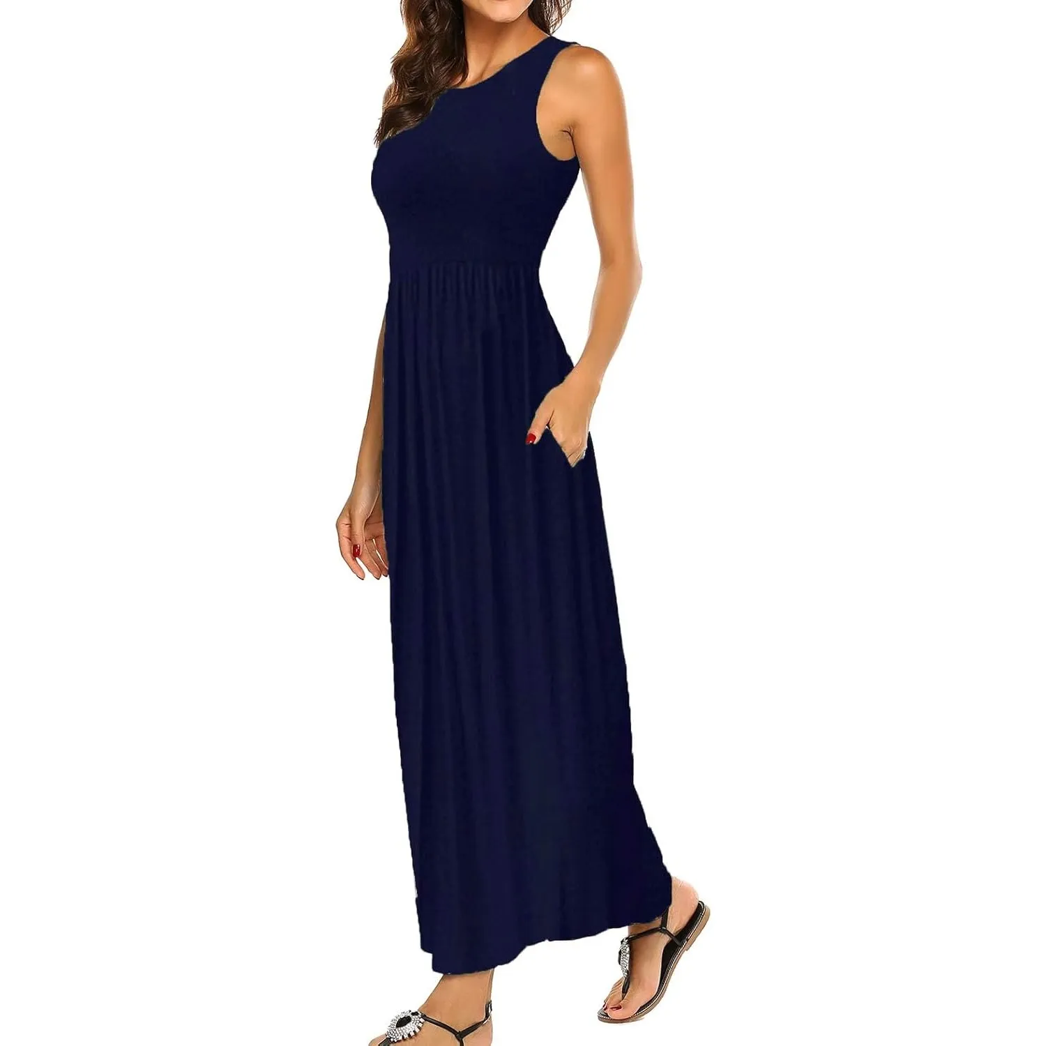 BDTECAOR Maxikleid Damen Sommer Boho Ärmellos Strandkleider Lässige Lange Tank Kleid mit Taschen