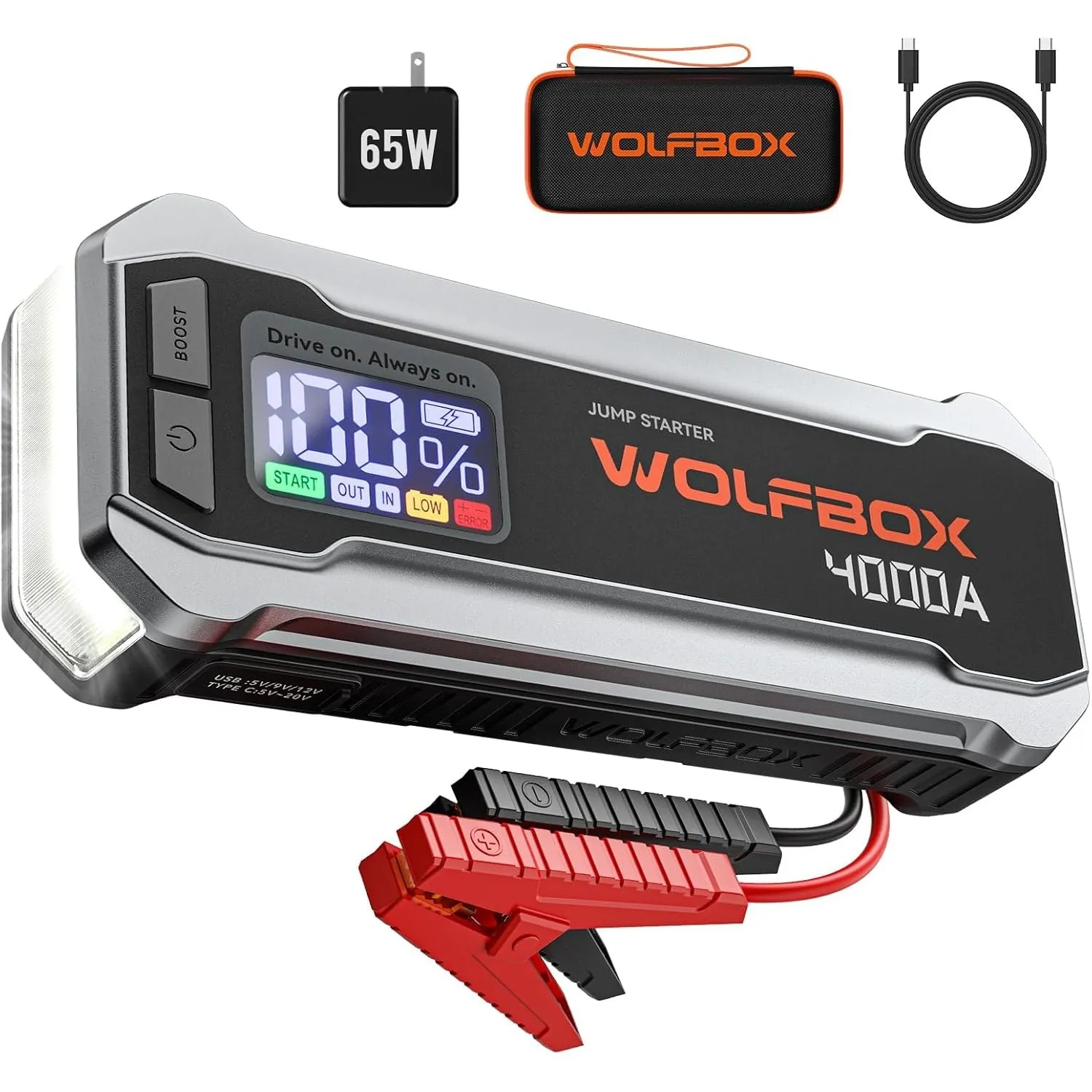 WOLFBOX 4000A Starthilfe für 12V Fahrzeuge, Bis zu 10L Benzin / 10L Diesel