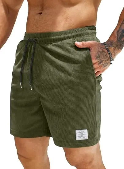 JMIERR Corduroy Shorts Herren Sommer Freizeit Leinen Stretch Baumwolle Elastische Taille mit Taschen