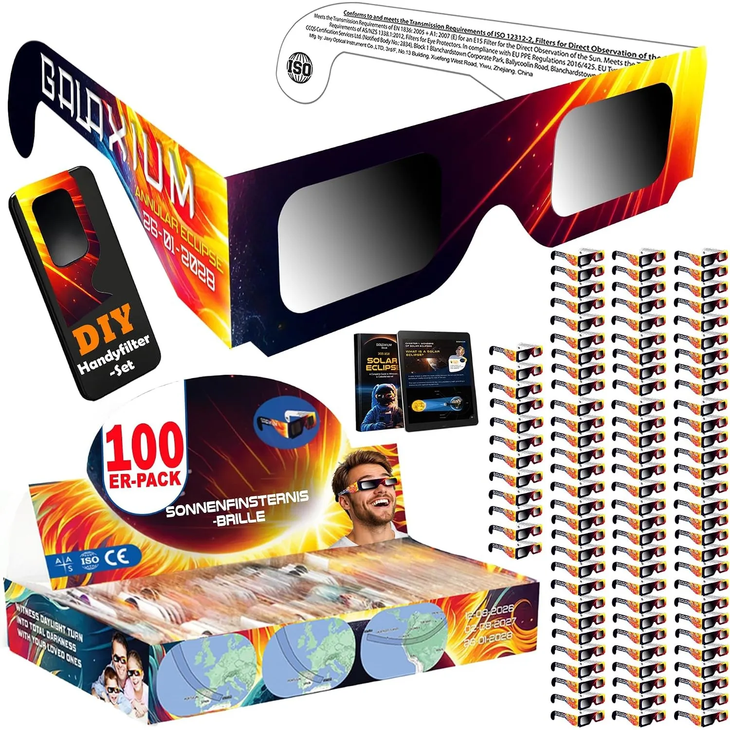 Galaxium 6/12/25/50/100er-Pack Sonnenfinsternis Brille 2026 ISO 12312-2 Zertifiziert | Brillen Sonnenfinsternis | Schut…